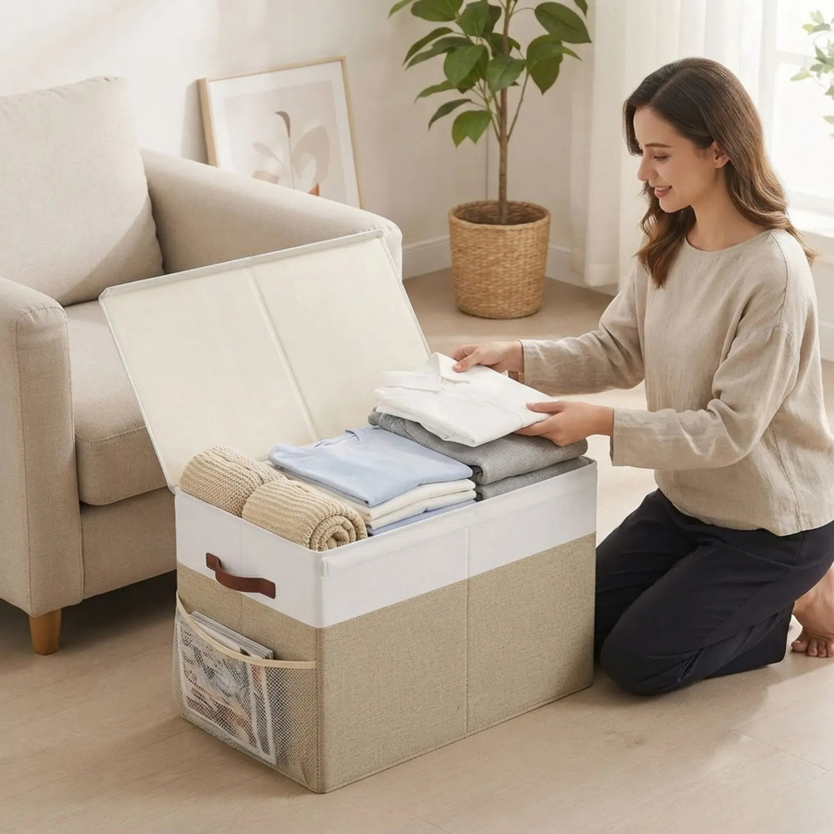 Large Foldable Toy Storage Box with Lid and Organiser - Beige Linen - Home & Garden > Storage > Clothing & Wardrobe Storage - Rivercity House & Home Co. (ABN 18 642 972 209) - Affordable Modern Furniture Australia