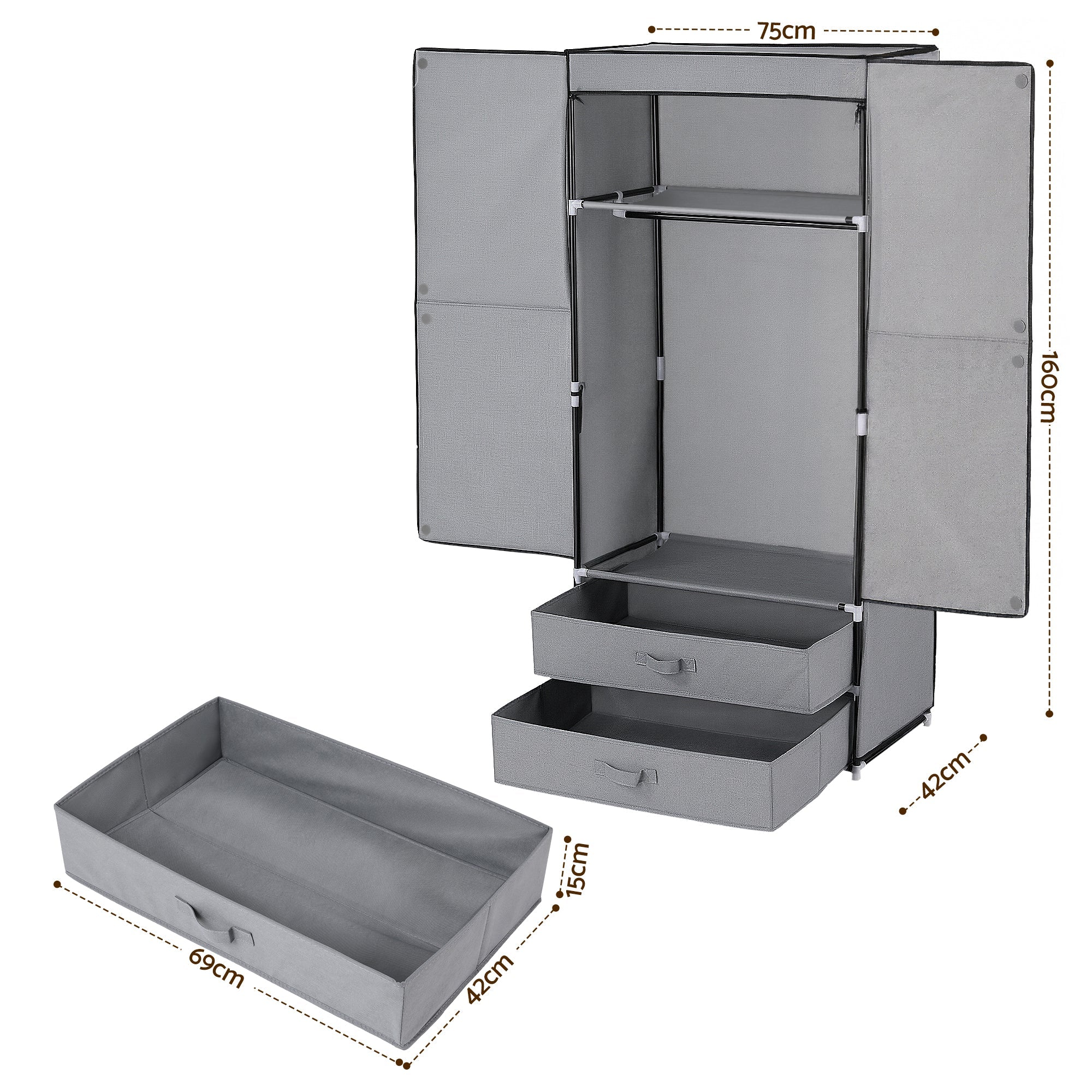 Large Portable Clothes Closet Wardrobe with Magnetic Door Grey - Home & Garden > Storage > Clothing & Wardrobe Storage - Rivercity House & Home Co. (ABN 18 642 972 209) - Affordable Modern Furniture Australia