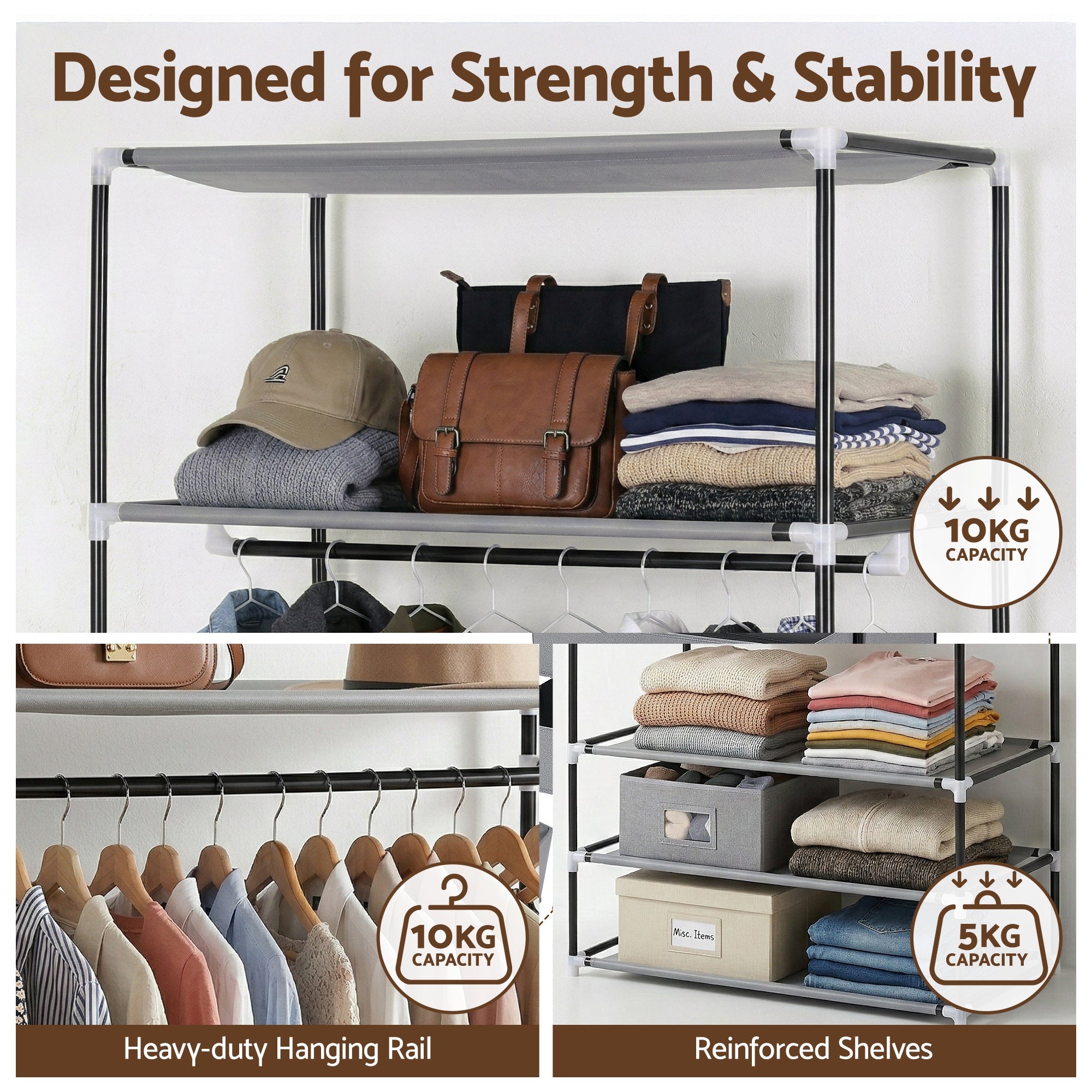 Large Portable Clothes Closet Wardrobe with Magnetic Door Grey - Home & Garden > Storage > Clothing & Wardrobe Storage - Rivercity House & Home Co. (ABN 18 642 972 209) - Affordable Modern Furniture Australia