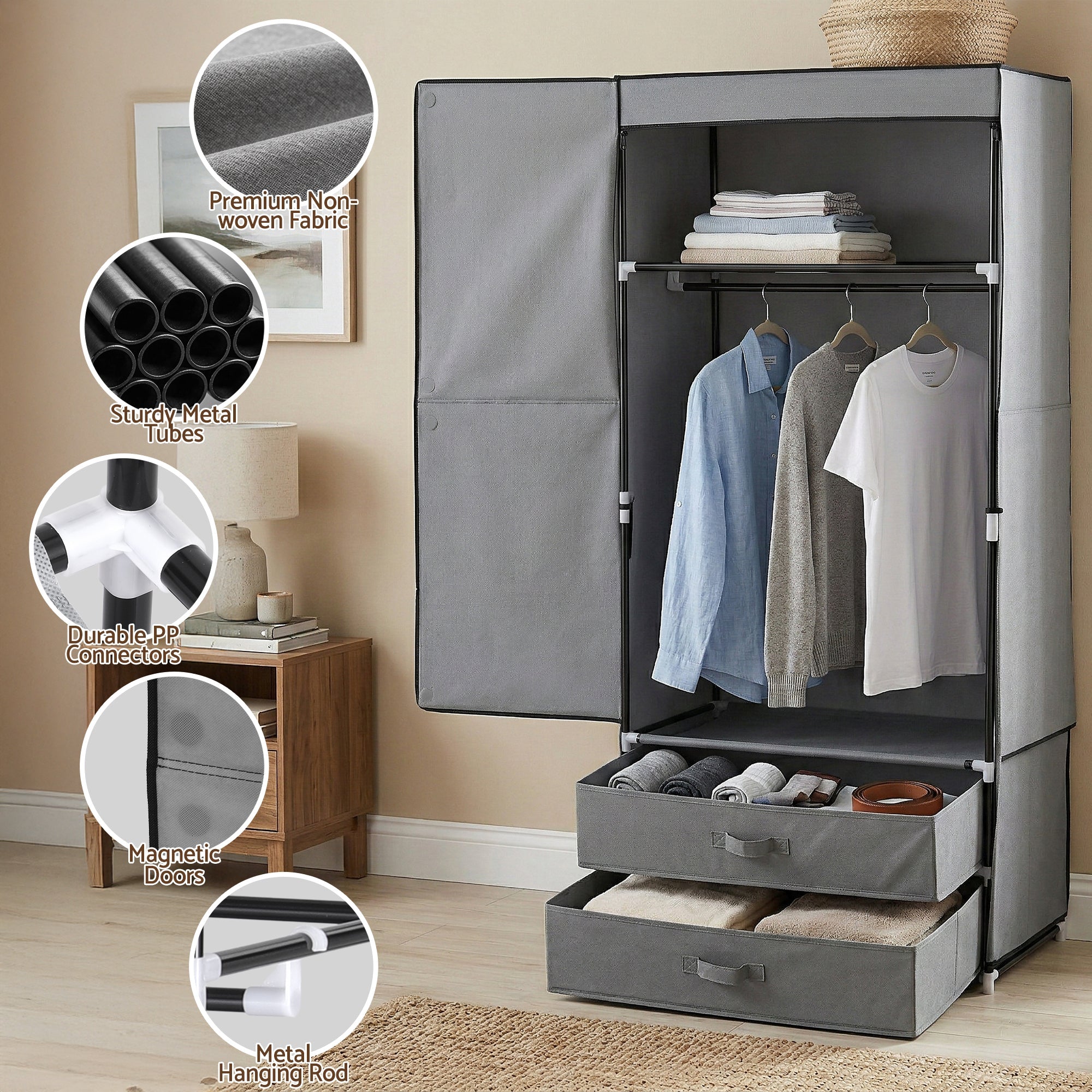 Large Portable Clothes Closet Wardrobe with Magnetic Door Grey - Home & Garden > Storage > Clothing & Wardrobe Storage - Rivercity House & Home Co. (ABN 18 642 972 209) - Affordable Modern Furniture Australia