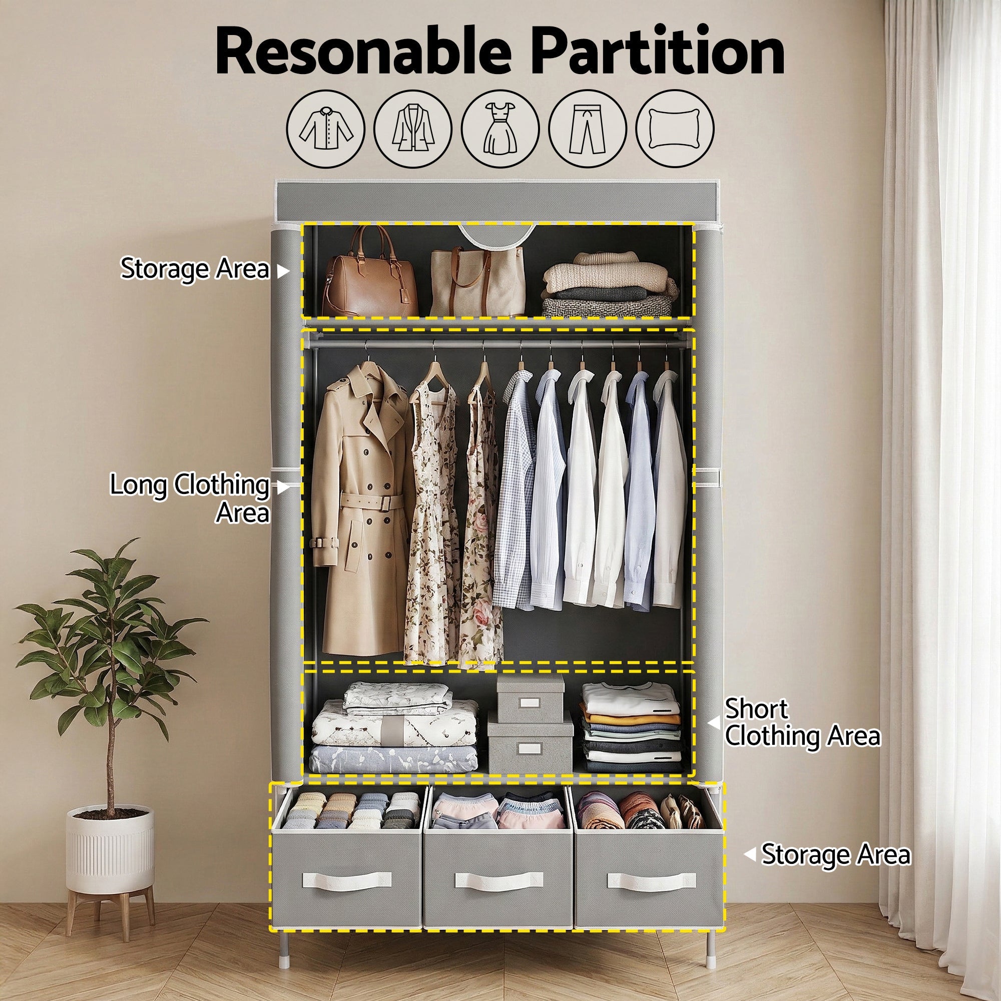 Large Portable Clothes Closet Wardrobe with Tiebacks Grey - Home & Garden > Storage > Clothing & Wardrobe Storage - Rivercity House & Home Co. (ABN 18 642 972 209) - Affordable Modern Furniture Australia