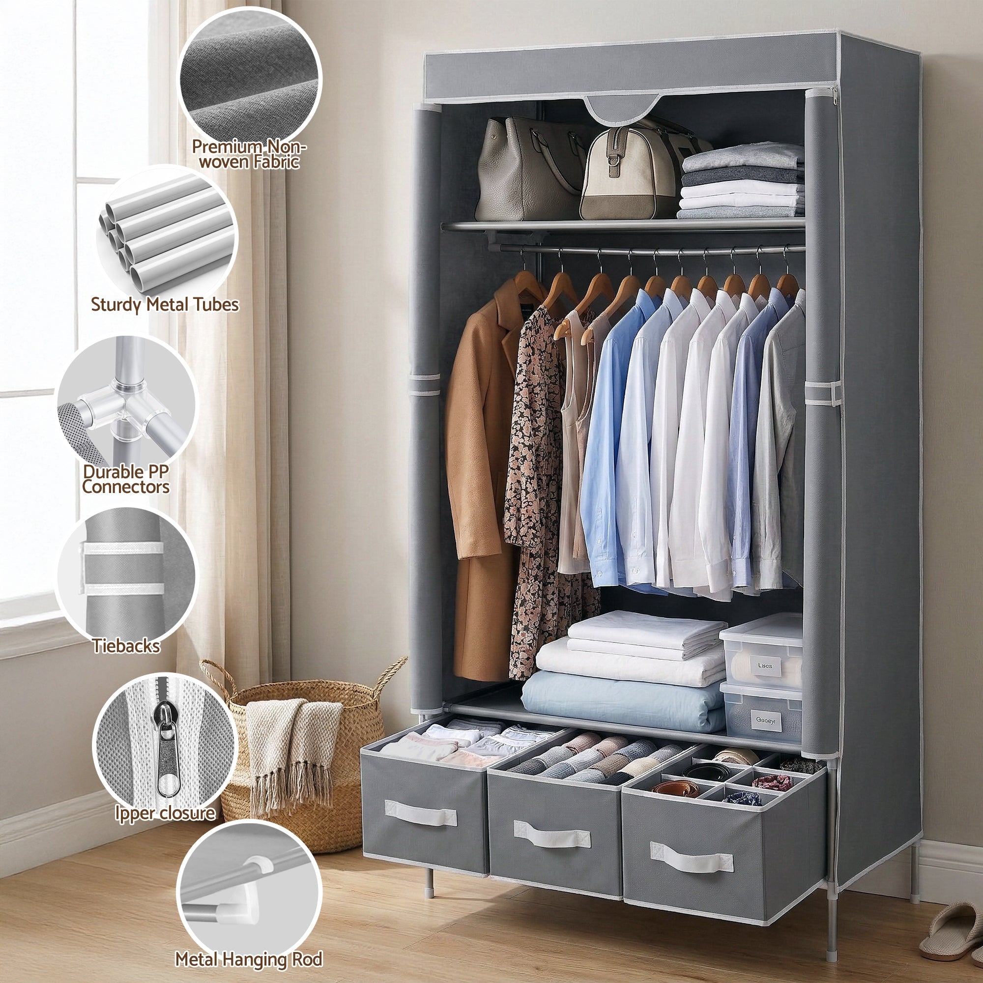 Large Portable Clothes Closet Wardrobe with Tiebacks Grey - Home & Garden > Storage > Clothing & Wardrobe Storage - Rivercity House & Home Co. (ABN 18 642 972 209) - Affordable Modern Furniture Australia