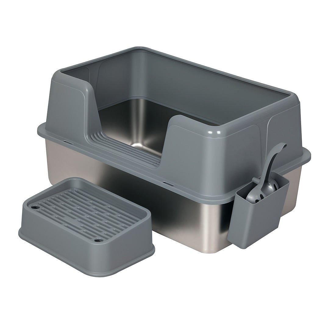 Large Stainless Steel Semi - Enclosed Cat Litter Box with Scoop - Grey - Rivercity House & Home Co. (ABN 18 642 972 209) - Affordable Modern Furniture Australia