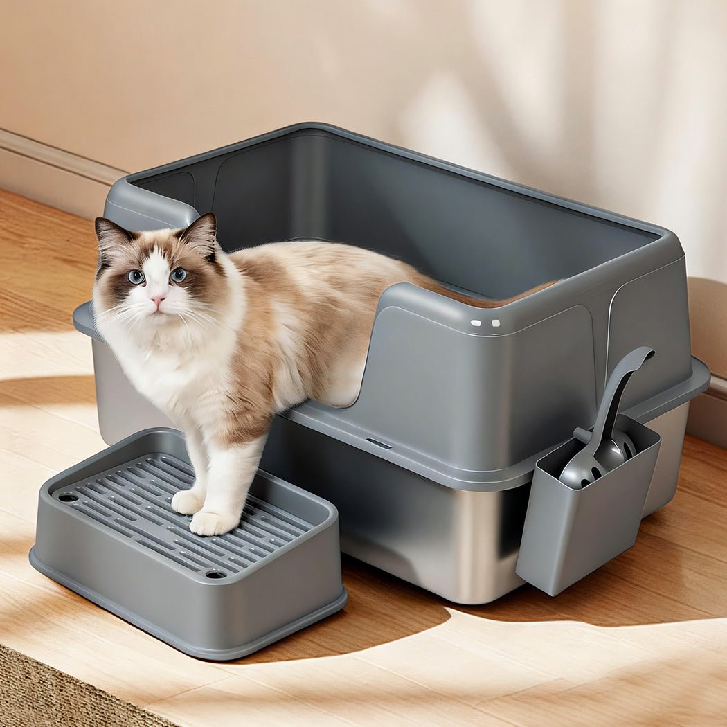 Large Stainless Steel Semi - Enclosed Cat Litter Box with Scoop - Grey - Rivercity House & Home Co. (ABN 18 642 972 209) - Affordable Modern Furniture Australia