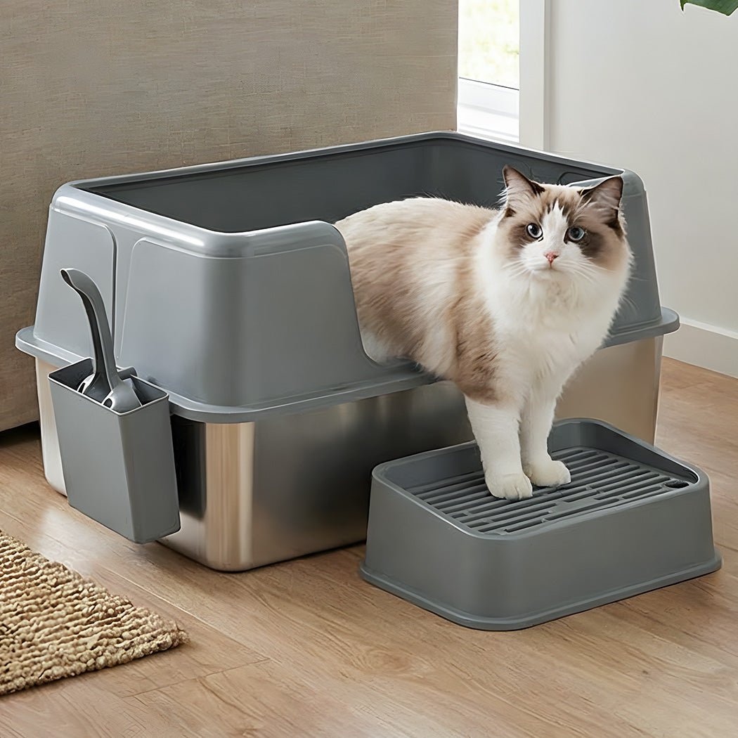 Large Stainless Steel Semi - Enclosed Cat Litter Box with Scoop - Grey - Rivercity House & Home Co. (ABN 18 642 972 209) - Affordable Modern Furniture Australia