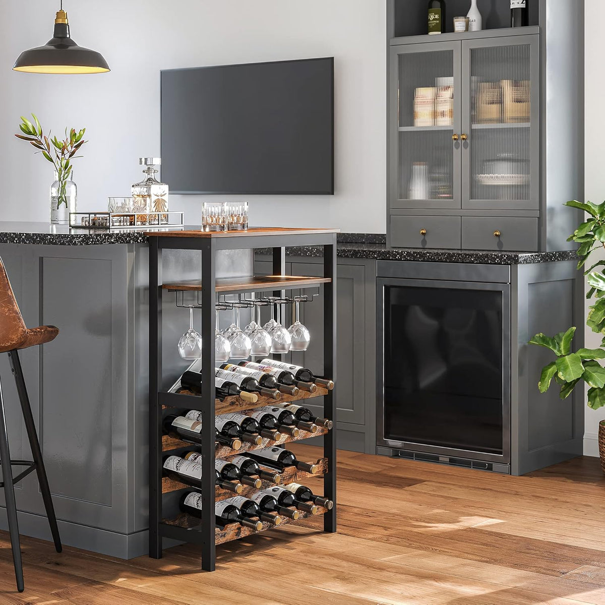 Large Wine Rack with Glass Holder, Metal Bottle Holder and Wood Countertop for Wine & Champagne Bottles - Furniture > Dining > Wine Racks - Rivercity House & Home Co. (ABN 18 642 972 209) - Affordable Modern Furniture Australia