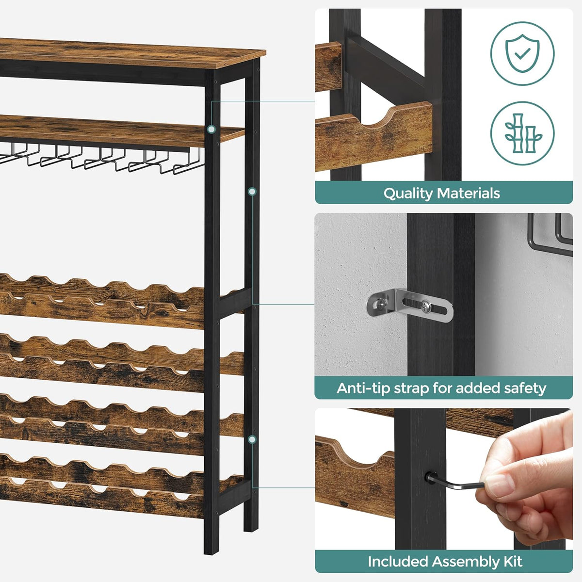 Large Wine Rack with Glass Holder, Metal Bottle Holder and Wood Countertop for Wine & Champagne Bottles - Furniture > Dining > Wine Racks - Rivercity House & Home Co. (ABN 18 642 972 209) - Affordable Modern Furniture Australia
