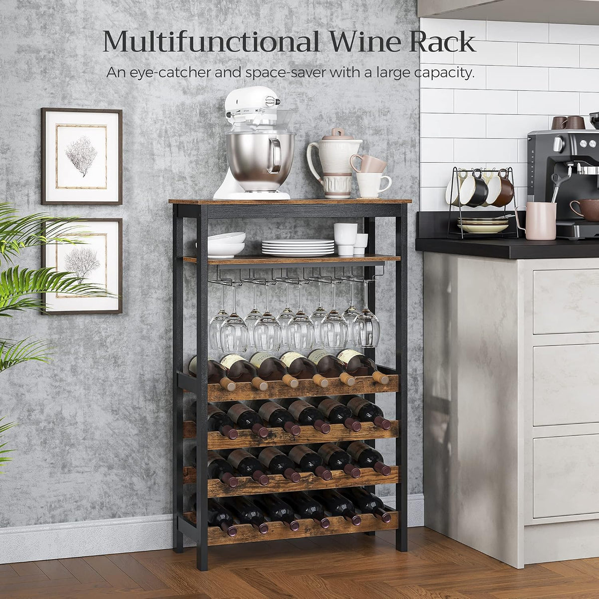 Large Wine Rack with Glass Holder, Metal Bottle Holder and Wood Countertop for Wine & Champagne Bottles - Furniture > Dining > Wine Racks - Rivercity House & Home Co. (ABN 18 642 972 209) - Affordable Modern Furniture Australia