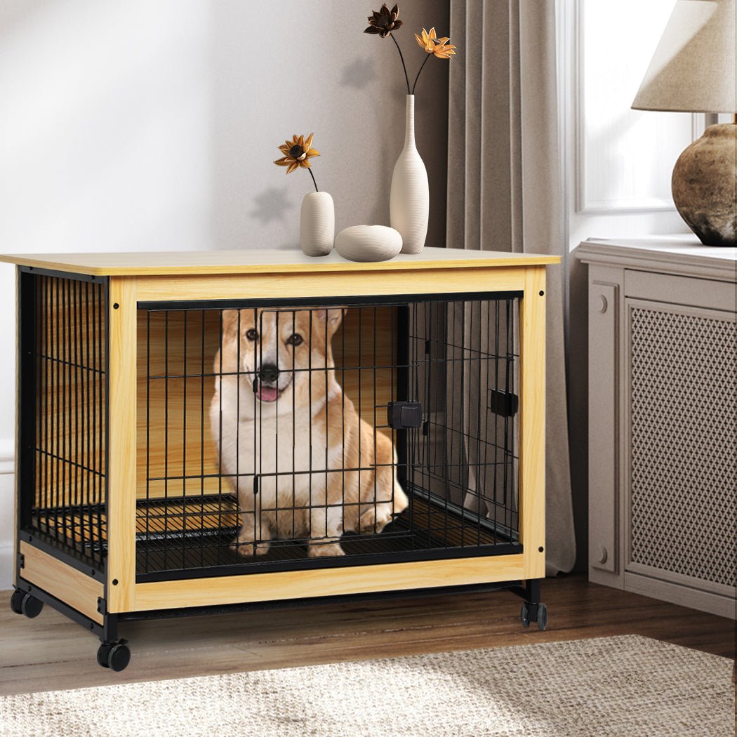 Large Wooden Wire Dog Kennel Side End with Tray - Wood and Black - Rivercity House & Home Co. (ABN 18 642 972 209) - Affordable Modern Furniture Australia