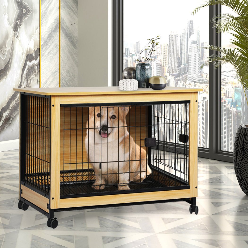Large Wooden Wire Dog Kennel Side End with Tray - Wood and Black - Rivercity House & Home Co. (ABN 18 642 972 209) - Affordable Modern Furniture Australia