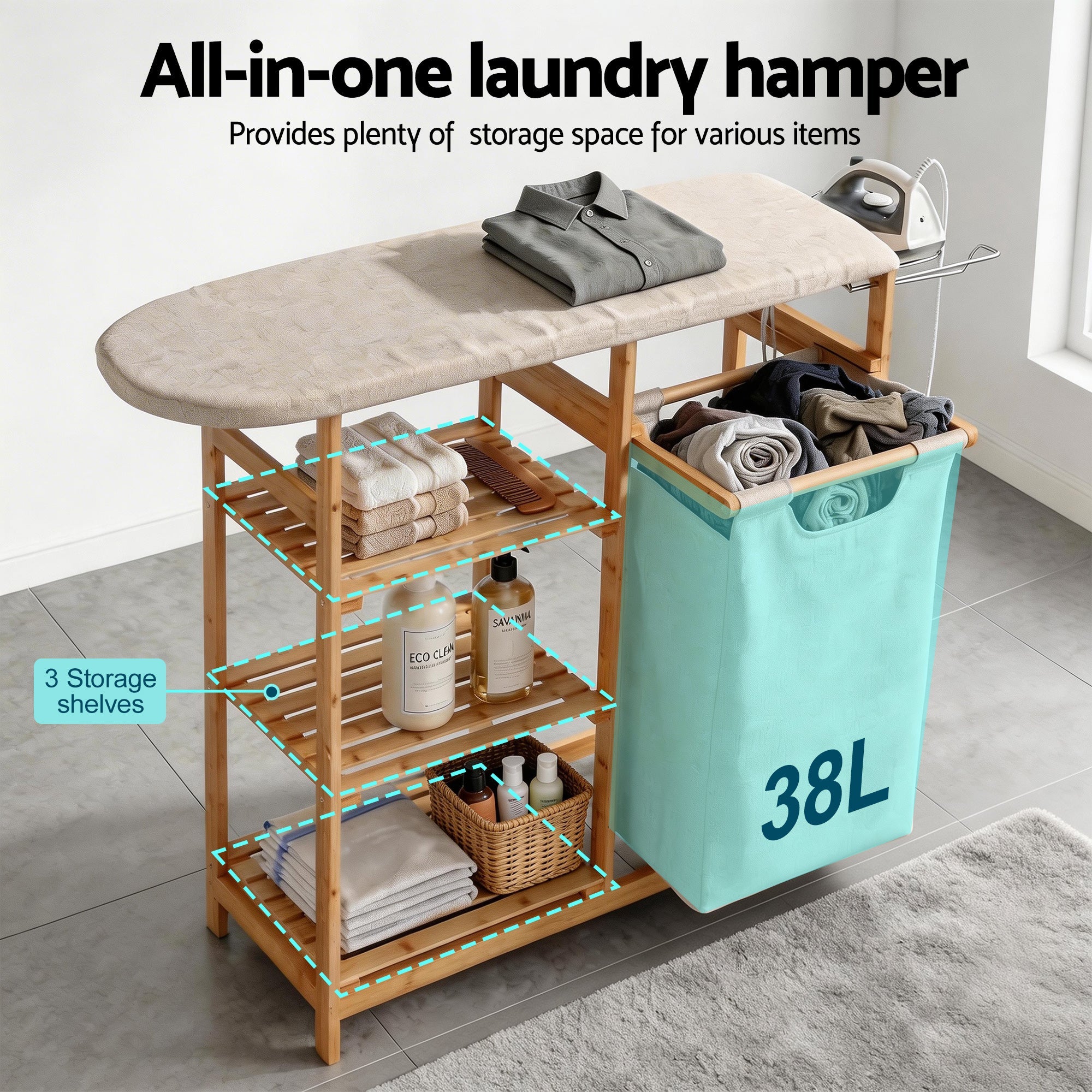 Laundry Basket Hamper with Ironing Board Bamboo - Home & Garden > Laundry & Cleaning > Laundry Baskets - Rivercity House & Home Co. (ABN 18 642 972 209) - Affordable Modern Furniture Australia