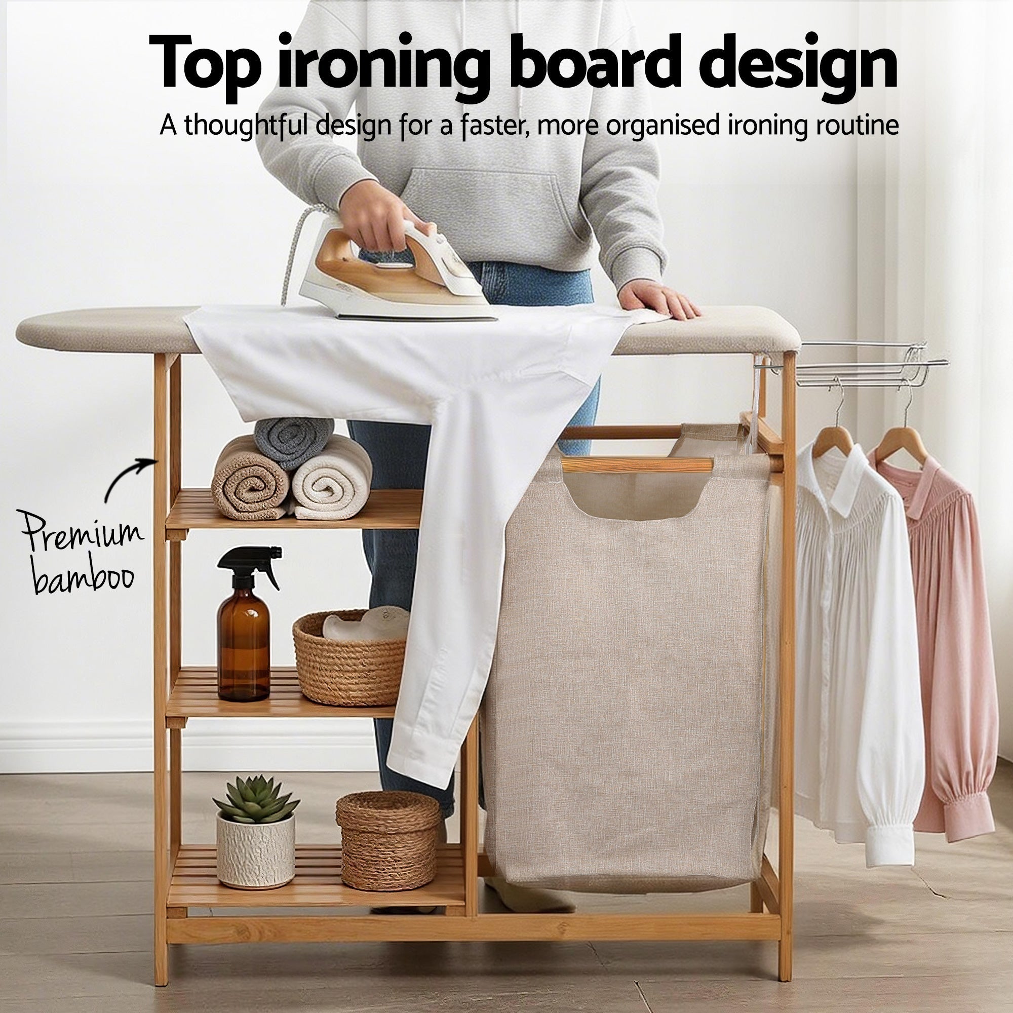 Laundry Basket Hamper with Ironing Board Bamboo - Home & Garden > Laundry & Cleaning > Laundry Baskets - Rivercity House & Home Co. (ABN 18 642 972 209) - Affordable Modern Furniture Australia