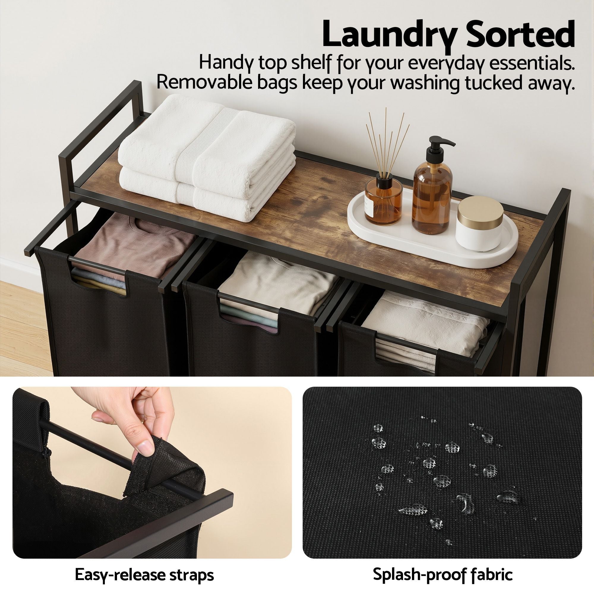 Laundry Basket with 3 Pull - out Bags Metal Frame Black - Home & Garden > Laundry & Cleaning > Laundry Baskets - Rivercity House & Home Co. (ABN 18 642 972 209) - Affordable Modern Furniture Australia