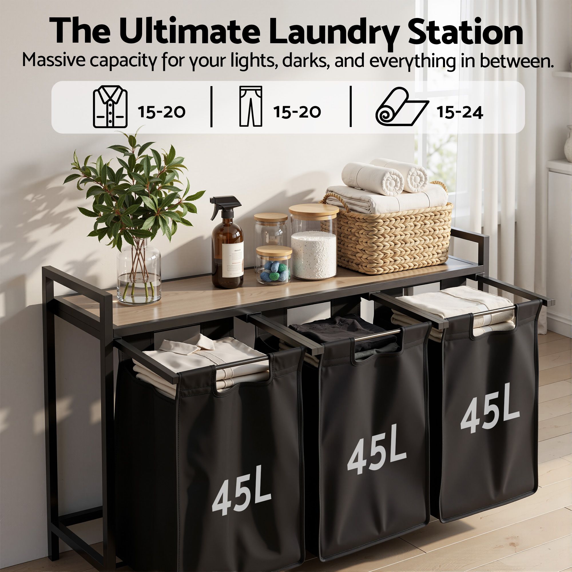 Laundry Basket with 3 Pull - out Bags Metal Frame Black - Home & Garden > Laundry & Cleaning > Laundry Baskets - Rivercity House & Home Co. (ABN 18 642 972 209) - Affordable Modern Furniture Australia