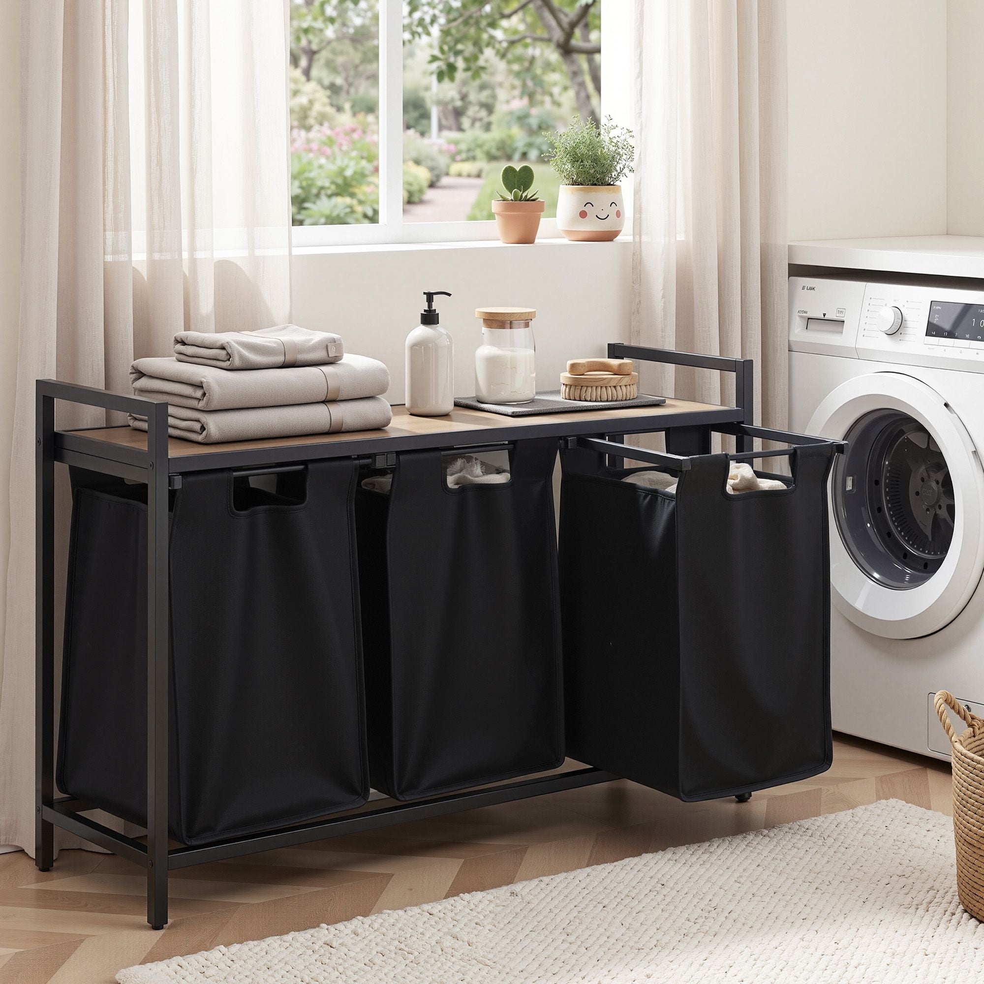 Laundry Basket with 3 Pull - out Bags Metal Frame Black - Home & Garden > Laundry & Cleaning > Laundry Baskets - Rivercity House & Home Co. (ABN 18 642 972 209) - Affordable Modern Furniture Australia
