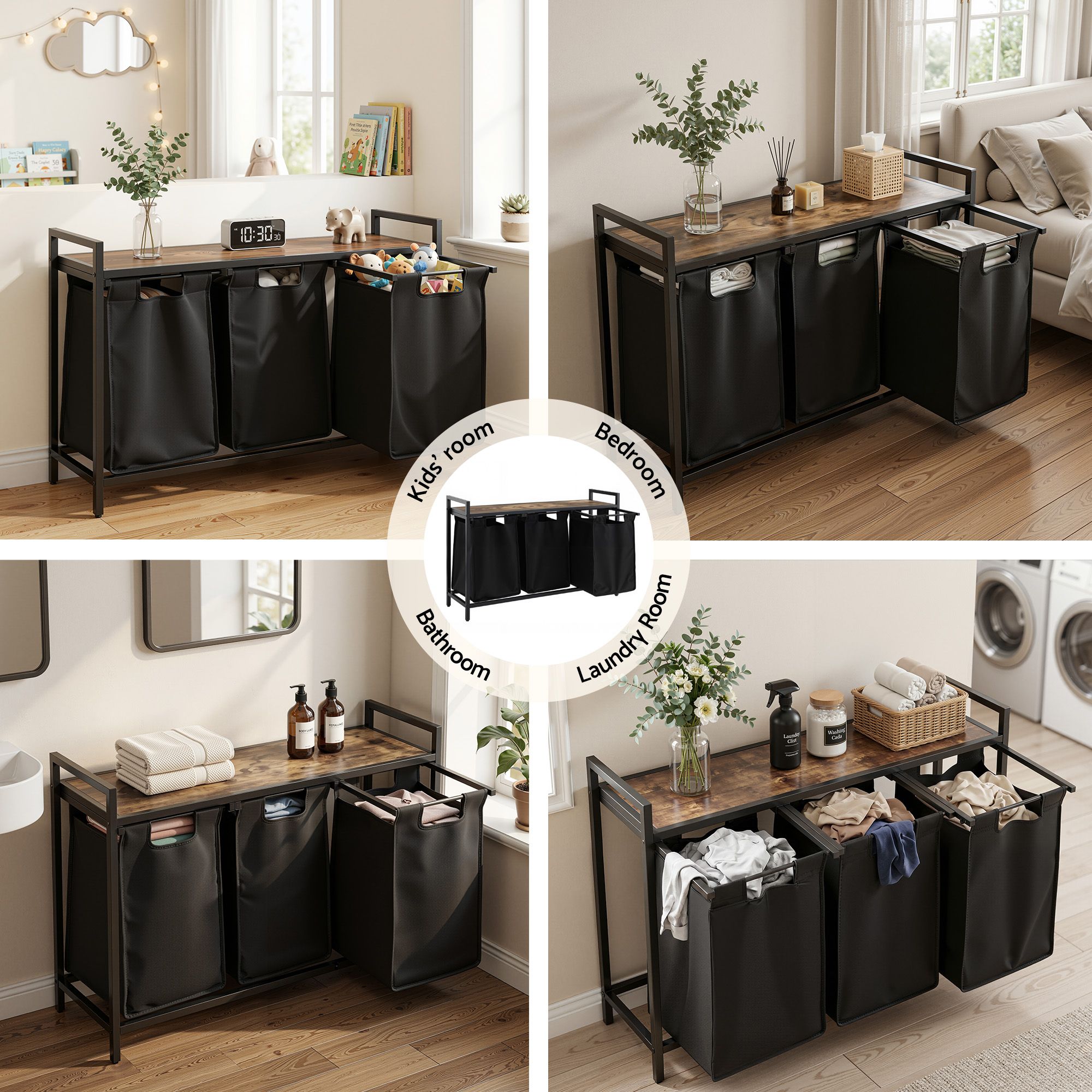 Laundry Basket with 3 Pull - out Bags Metal Frame Black - Home & Garden > Laundry & Cleaning > Laundry Baskets - Rivercity House & Home Co. (ABN 18 642 972 209) - Affordable Modern Furniture Australia