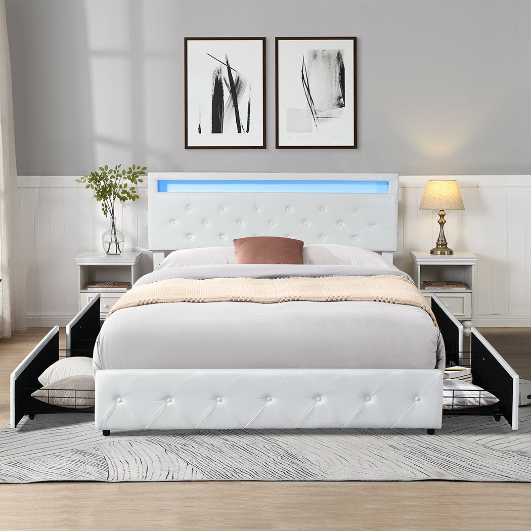 Lawson LED Storage Double Bed Frame with USB Ports – White PU Leather - Rivercity House & Home Co. (ABN 18 642 972 209) - Affordable Modern Furniture Australia