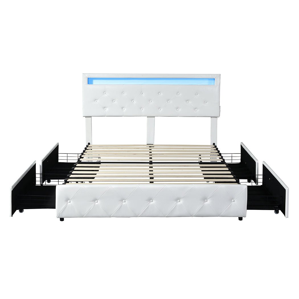 Lawson LED Storage Double Bed Frame with USB Ports – White PU Leather - Rivercity House & Home Co. (ABN 18 642 972 209) - Affordable Modern Furniture Australia