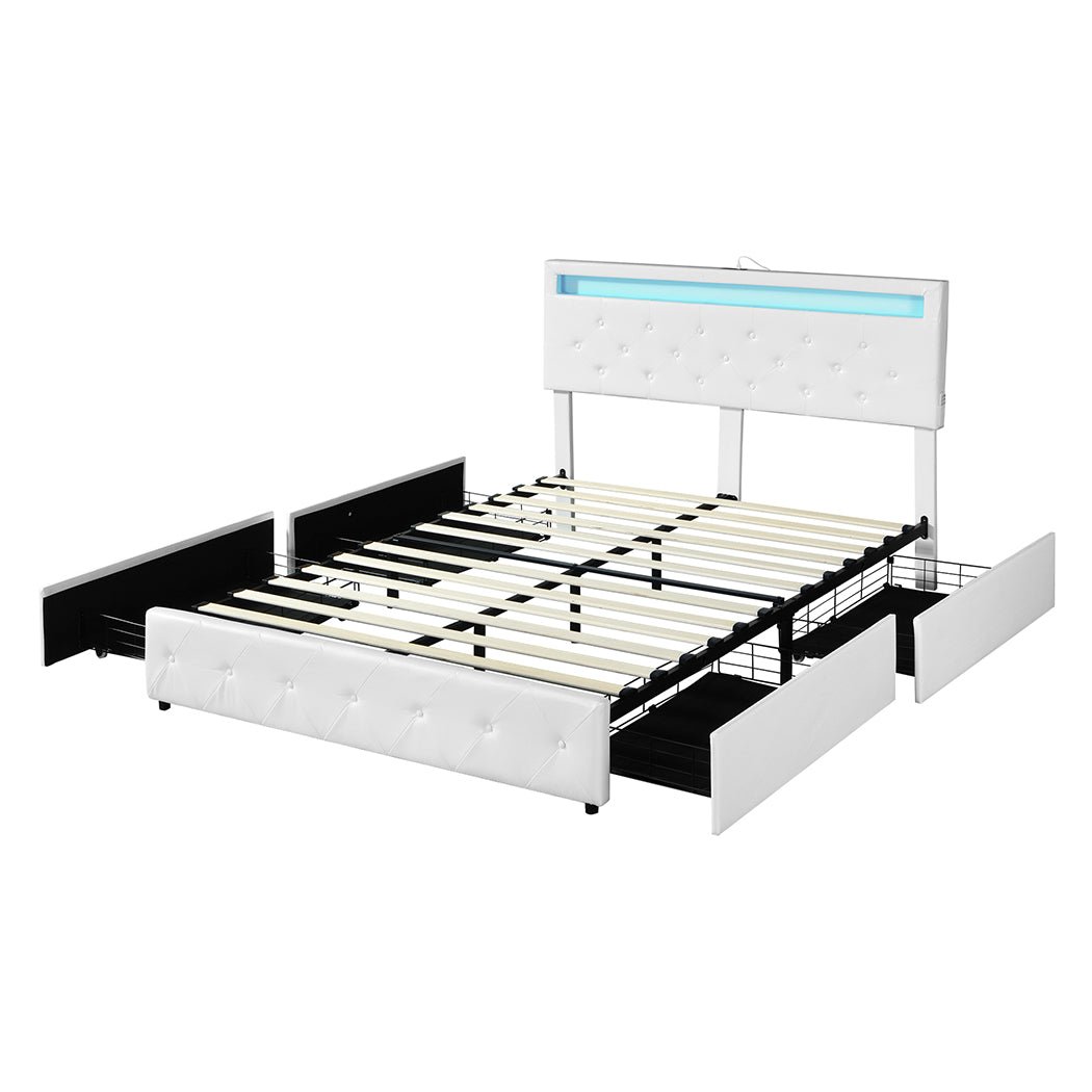 Lawson LED Storage Double Bed Frame with USB Ports – White PU Leather - Rivercity House & Home Co. (ABN 18 642 972 209) - Affordable Modern Furniture Australia