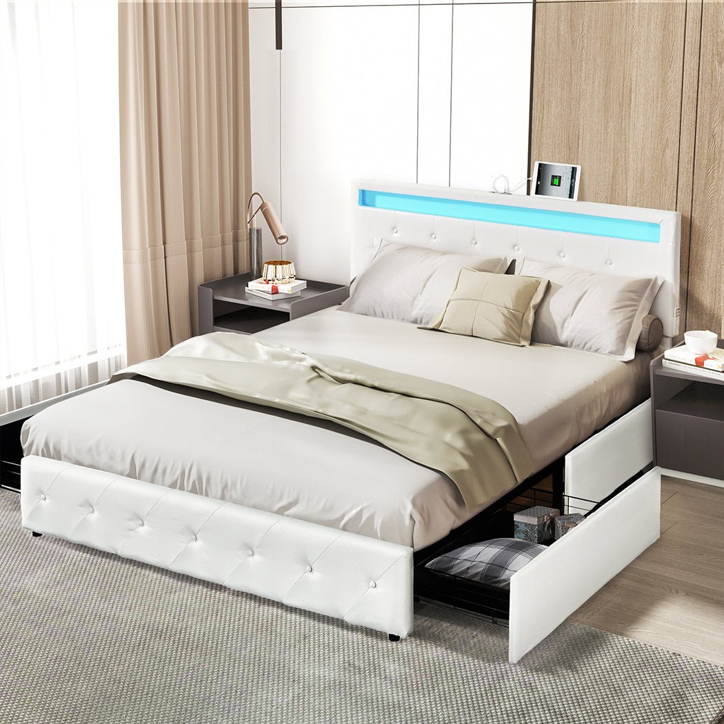 Lawson LED Storage Queen Bed Frame with USB Ports – White PU Leather - Rivercity House & Home Co. (ABN 18 642 972 209) - Affordable Modern Furniture Australia