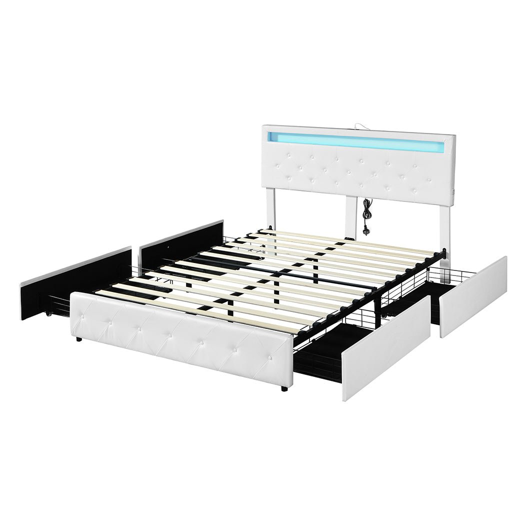 Lawson LED Storage Queen Bed Frame with USB Ports – White PU Leather - Rivercity House & Home Co. (ABN 18 642 972 209) - Affordable Modern Furniture Australia