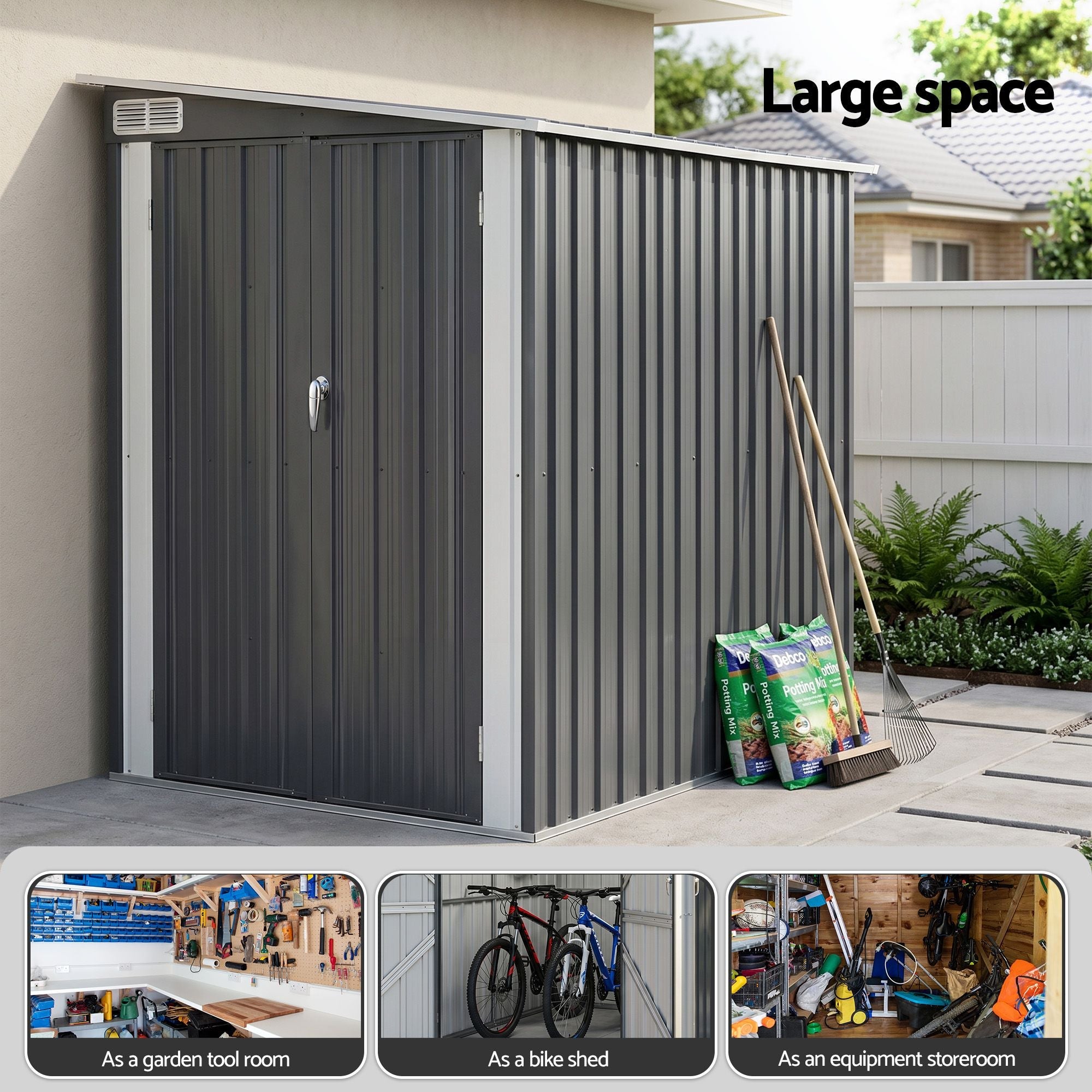 Lean To Garden Shed 118x238cm Outdoor Storage Bike Shelter - Grey - Home & Garden > Storage > Sheds - Rivercity House & Home Co. (ABN 18 642 972 209) - Affordable Modern Furniture Australia
