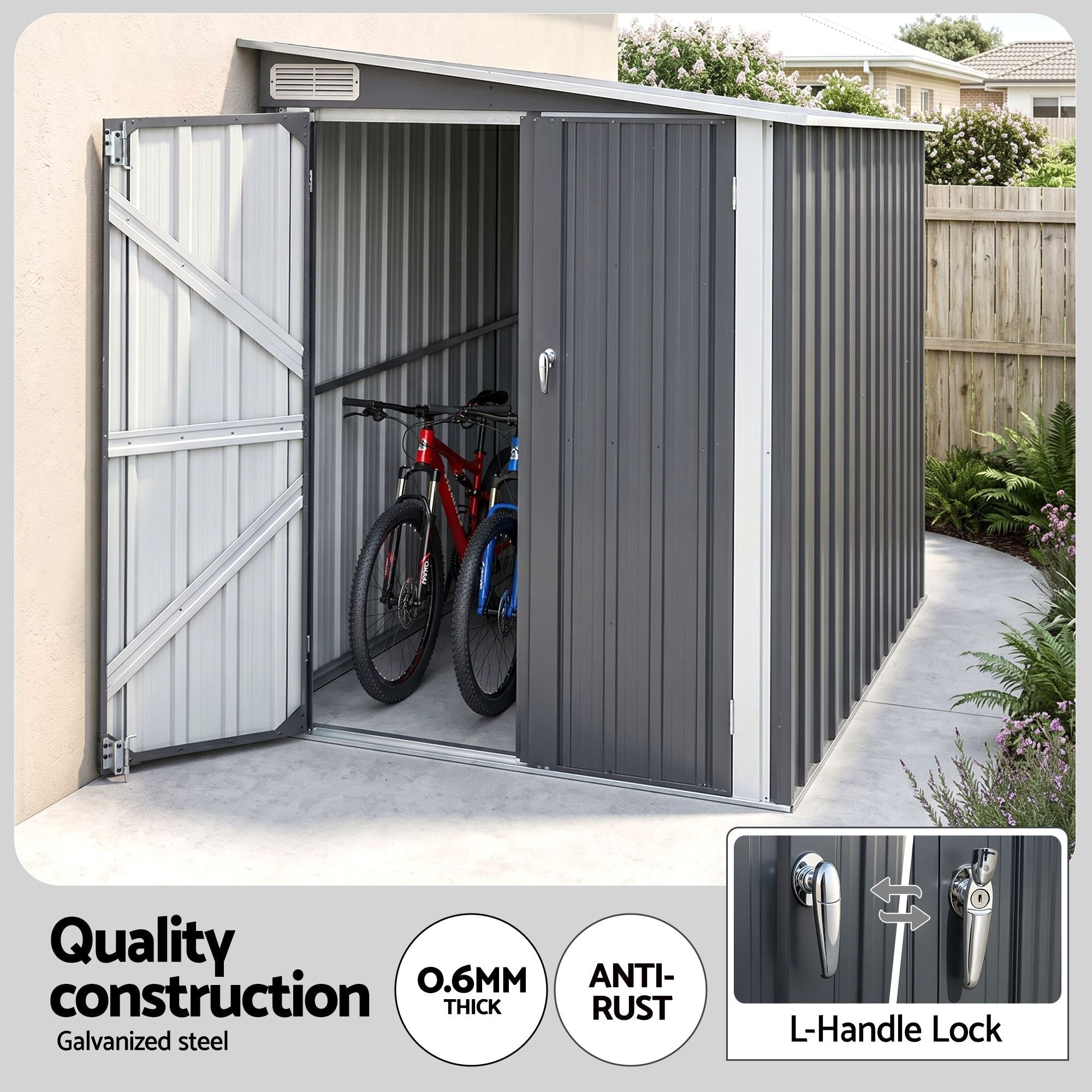 Lean To Garden Shed 118x238cm Outdoor Storage Bike Shelter - Grey - Home & Garden > Storage > Sheds - Rivercity House & Home Co. (ABN 18 642 972 209) - Affordable Modern Furniture Australia