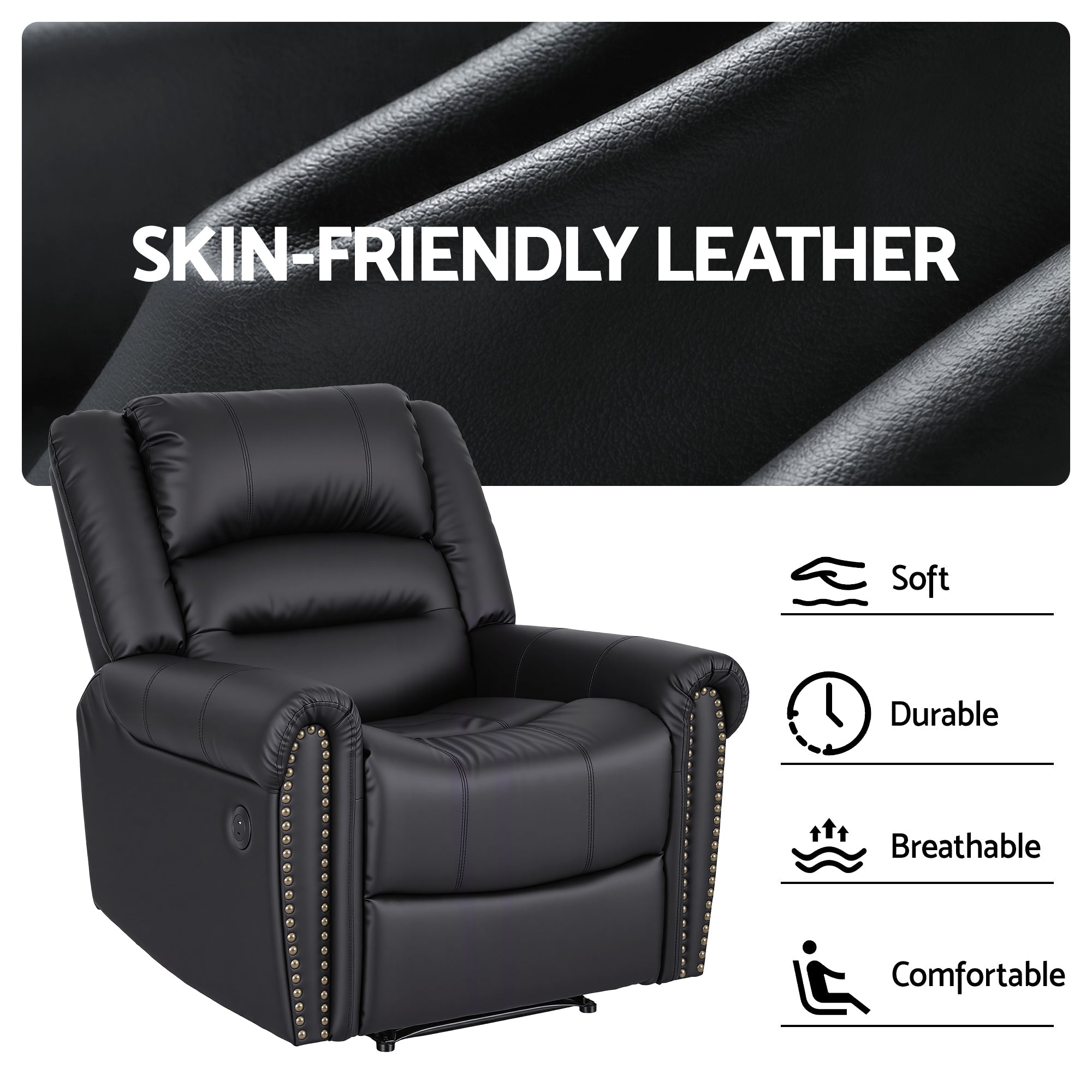 Leather Manual Recliner Chair with USB Charge Port, Overstuffed Armchair Sofa for Living Room and Nursery, Asjustable Theater Reclining Lounge with Comfortable Wide Seat, 150kg Capacity, Black - Furniture > Bar Stools & Chairs > Arm Chairs & Recliners - Rivercity House & Home Co. (ABN 18 642 972 209) - Affordable Modern Furniture Australia