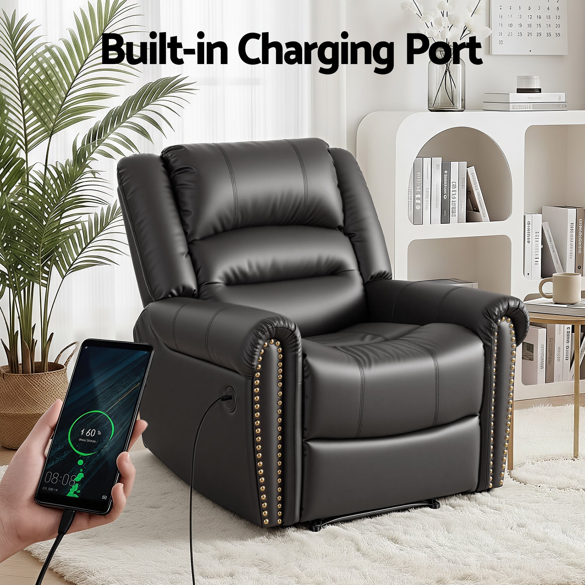Leather Manual Recliner Chair with USB Charge Port, Overstuffed Armchair Sofa for Living Room and Nursery, Asjustable Theater Reclining Lounge with Comfortable Wide Seat, 150kg Capacity, Black - Furniture > Bar Stools & Chairs > Arm Chairs & Recliners - Rivercity House & Home Co. (ABN 18 642 972 209) - Affordable Modern Furniture Australia