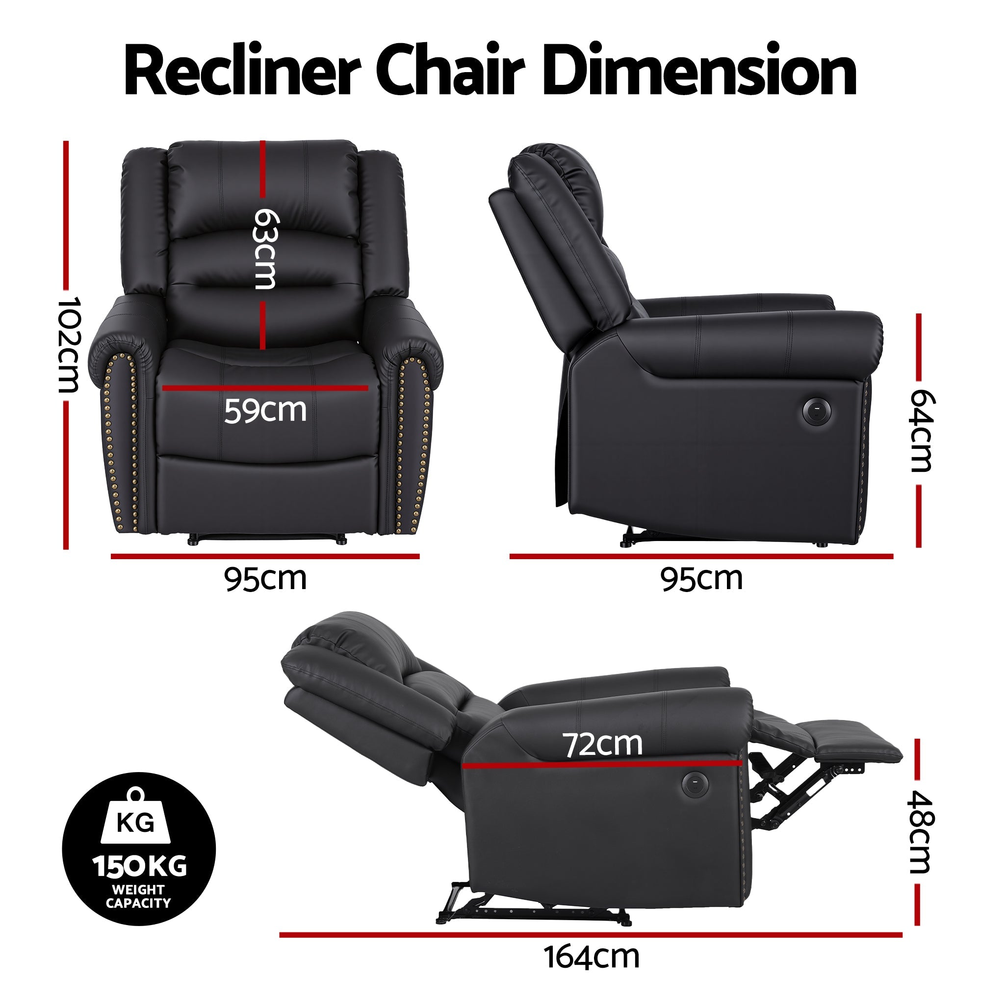 Leather Manual Recliner Chair with USB Charge Port, Overstuffed Armchair Sofa for Living Room and Nursery, Asjustable Theater Reclining Lounge with Comfortable Wide Seat, 150kg Capacity, Black - Furniture > Bar Stools & Chairs > Arm Chairs & Recliners - Rivercity House & Home Co. (ABN 18 642 972 209) - Affordable Modern Furniture Australia