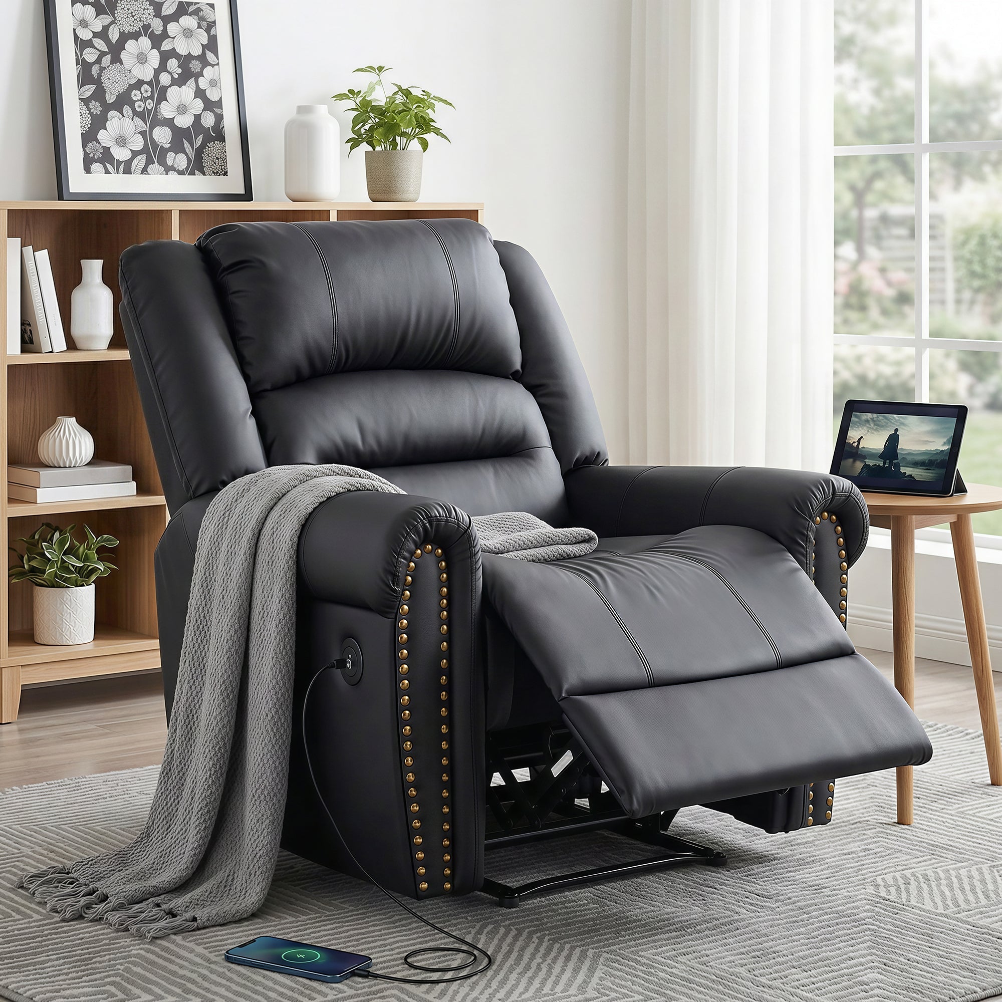 Leather Manual Recliner Chair with USB Charge Port, Overstuffed Armchair Sofa for Living Room and Nursery, Asjustable Theater Reclining Lounge with Comfortable Wide Seat, 150kg Capacity, Black - Furniture > Bar Stools & Chairs > Arm Chairs & Recliners - Rivercity House & Home Co. (ABN 18 642 972 209) - Affordable Modern Furniture Australia