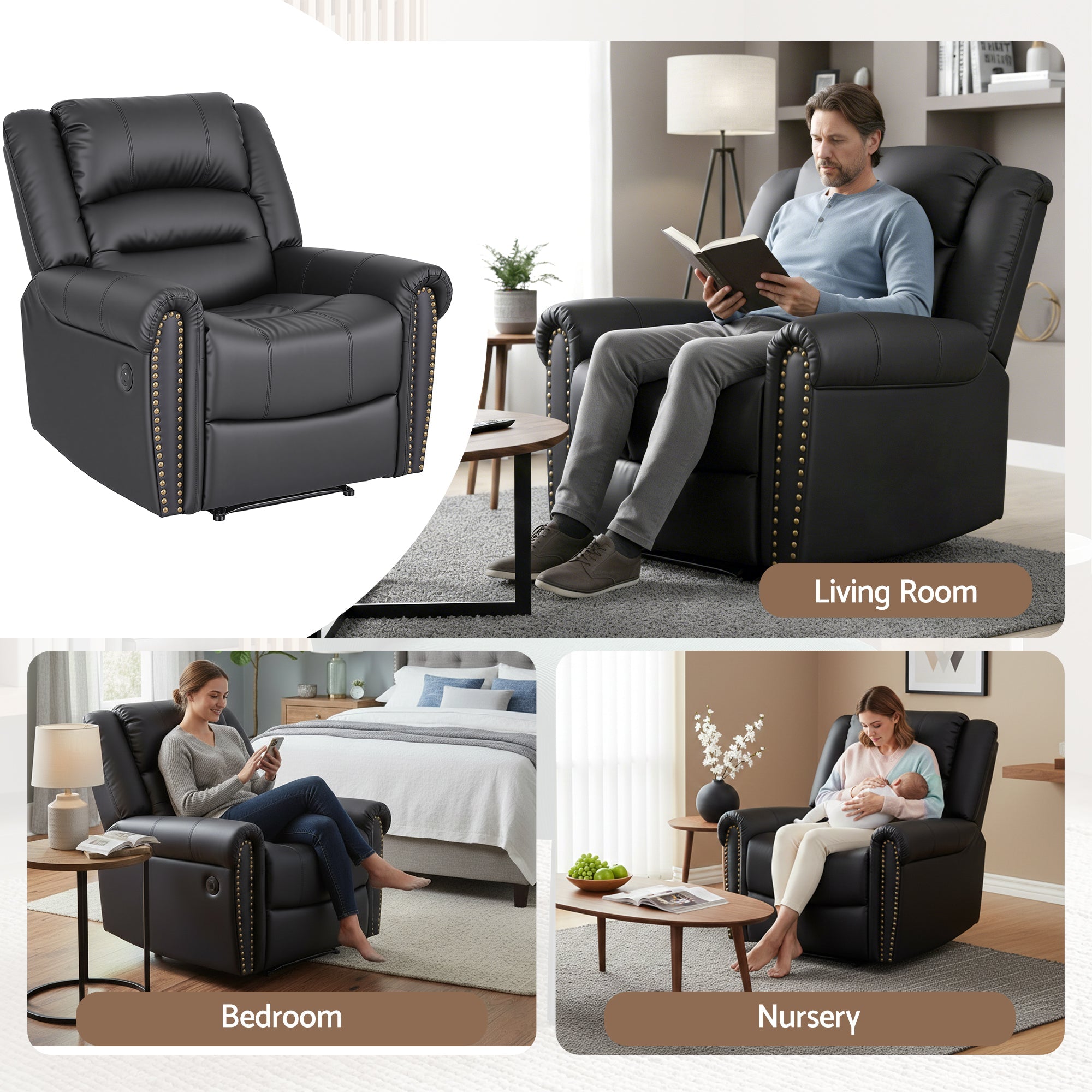 Leather Manual Recliner Chair with USB Charge Port, Overstuffed Armchair Sofa for Living Room and Nursery, Asjustable Theater Reclining Lounge with Comfortable Wide Seat, 150kg Capacity, Black - Furniture > Bar Stools & Chairs > Arm Chairs & Recliners - Rivercity House & Home Co. (ABN 18 642 972 209) - Affordable Modern Furniture Australia