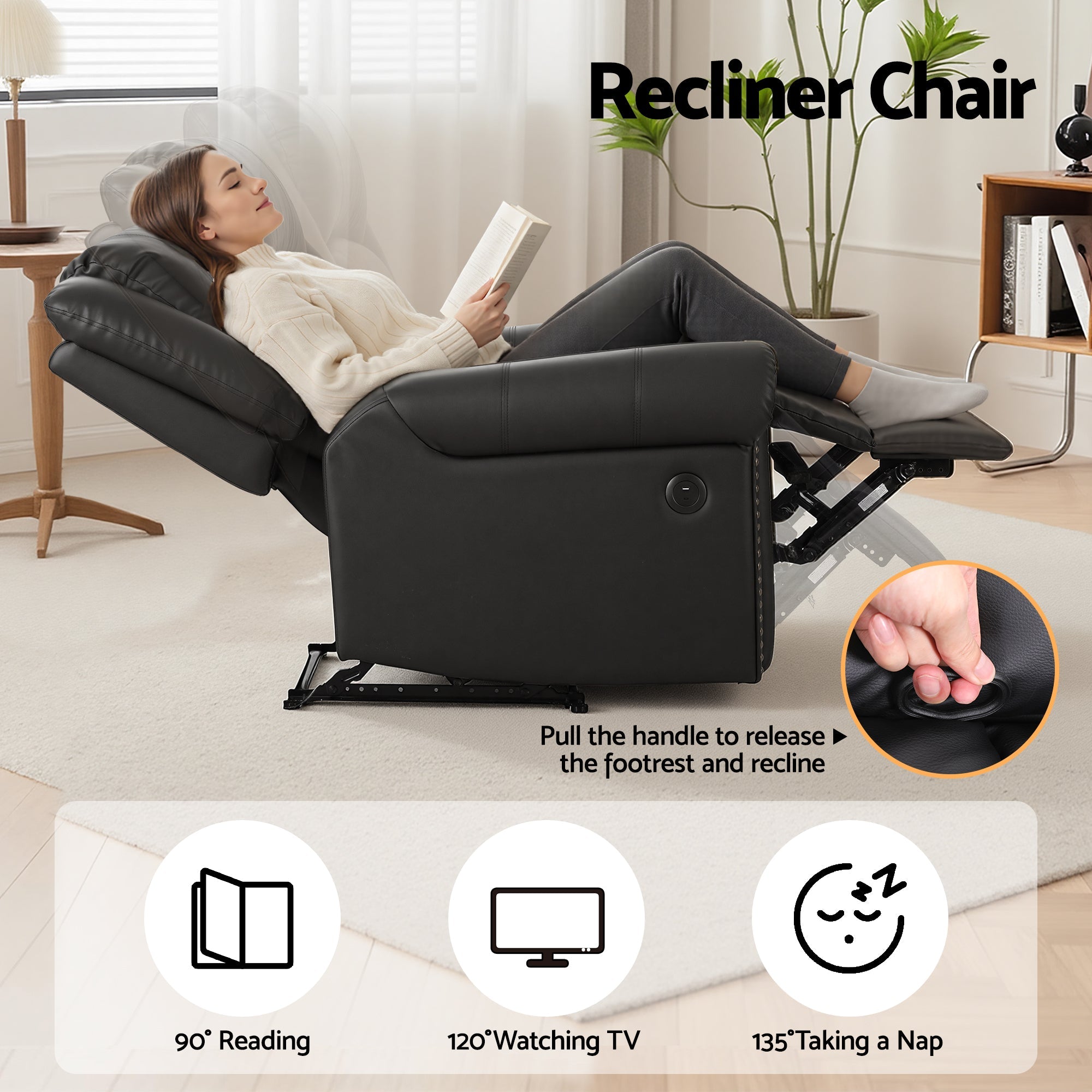 Leather Manual Recliner Chair with USB Charge Port, Overstuffed Armchair Sofa for Living Room and Nursery, Asjustable Theater Reclining Lounge with Comfortable Wide Seat, 150kg Capacity, Black - Furniture > Bar Stools & Chairs > Arm Chairs & Recliners - Rivercity House & Home Co. (ABN 18 642 972 209) - Affordable Modern Furniture Australia