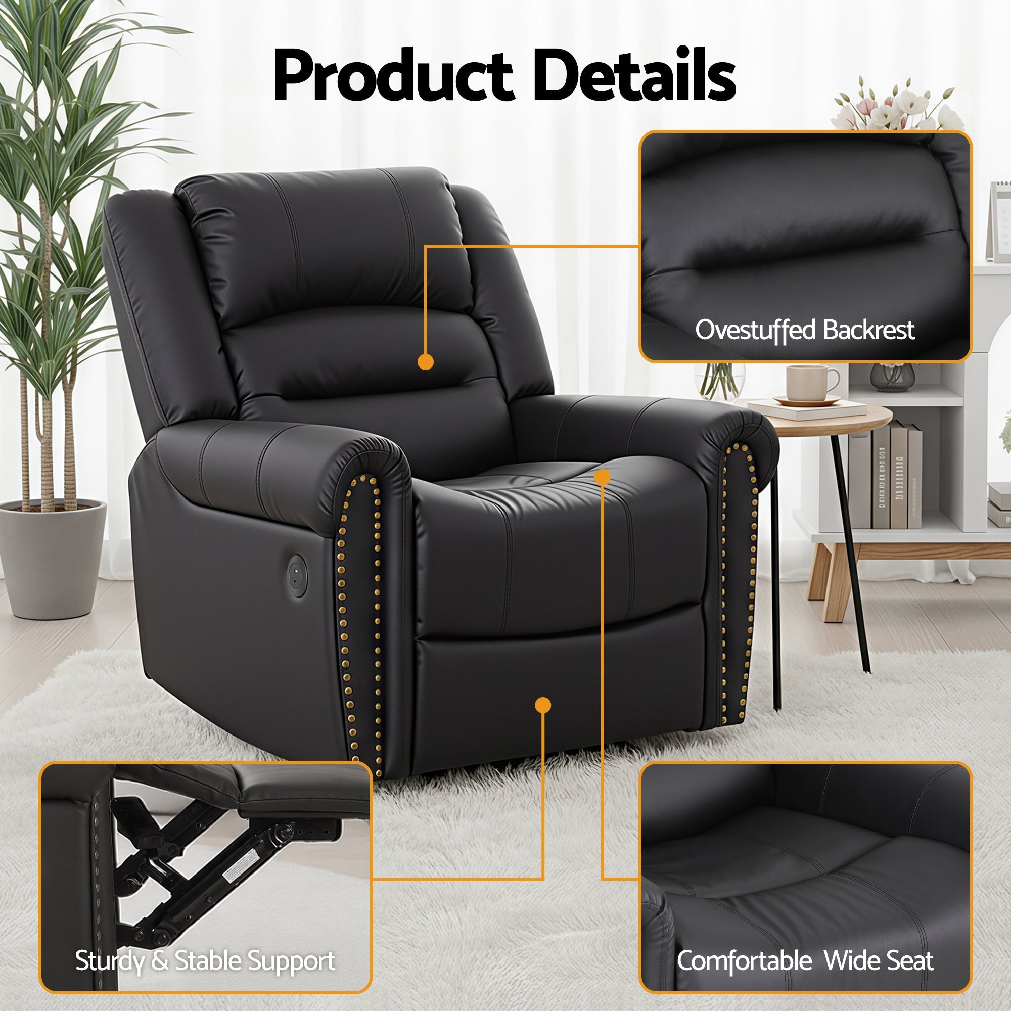 Leather Manual Recliner Chair with USB Charge Port, Overstuffed Armchair Sofa for Living Room and Nursery, Asjustable Theater Reclining Lounge with Comfortable Wide Seat, 150kg Capacity, Black - Furniture > Bar Stools & Chairs > Arm Chairs & Recliners - Rivercity House & Home Co. (ABN 18 642 972 209) - Affordable Modern Furniture Australia
