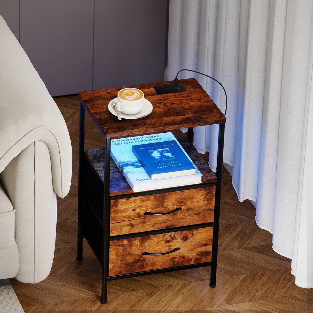 LED Bedside Table with 2 Drawers, USB Ports & Power Outlets - Rustic Brown - Rivercity House & Home Co. (ABN 18 642 972 209) - Affordable Modern Furniture Australia