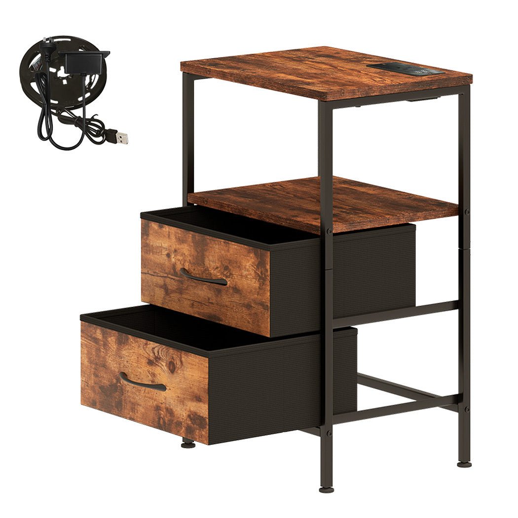 LED Bedside Table with 2 Drawers, USB Ports & Power Outlets - Rustic Brown - Rivercity House & Home Co. (ABN 18 642 972 209) - Affordable Modern Furniture Australia