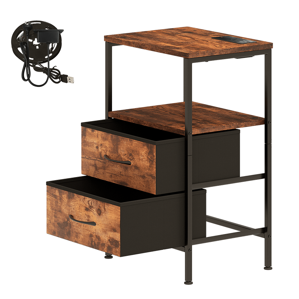 LED Bedside Table with 2 Drawers, USB Ports & Power Outlets - Rustic Brown - Rivercity House & Home Co. (ABN 18 642 972 209) - Affordable Modern Furniture Australia