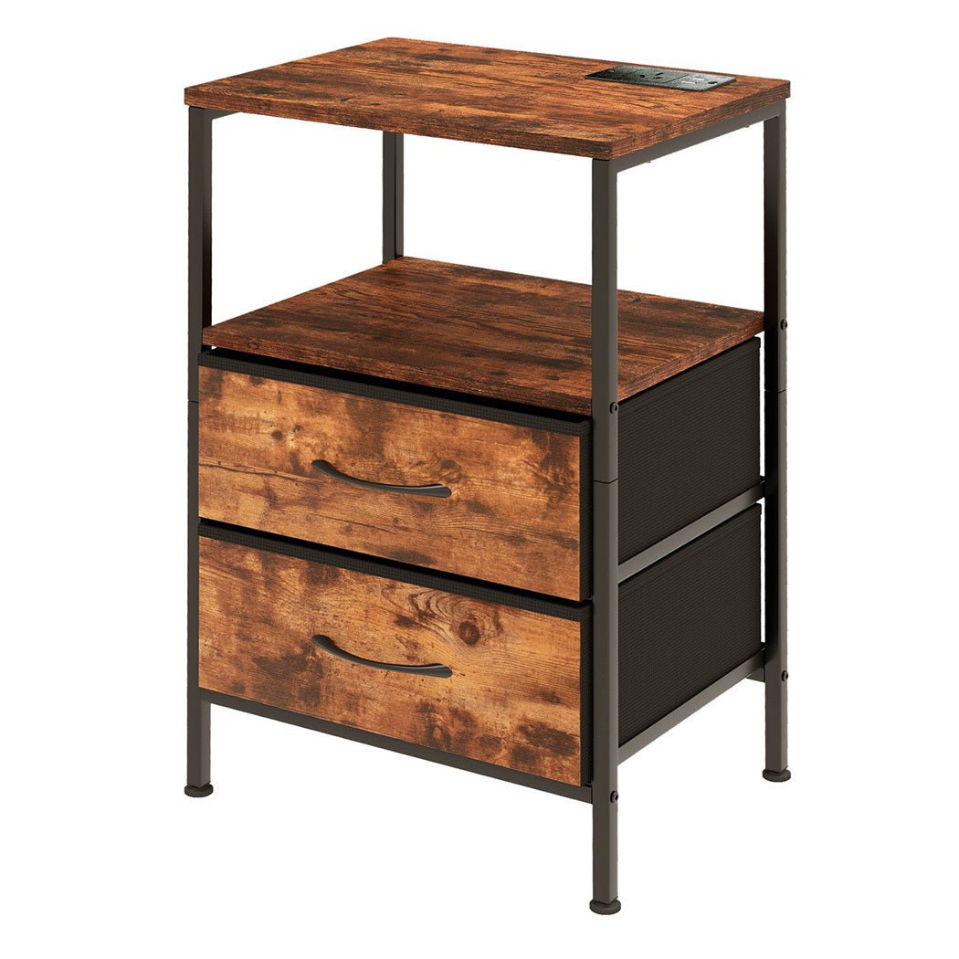 LED Bedside Table with 2 Drawers, USB Ports & Power Outlets - Rustic Brown - Rivercity House & Home Co. (ABN 18 642 972 209) - Affordable Modern Furniture Australia