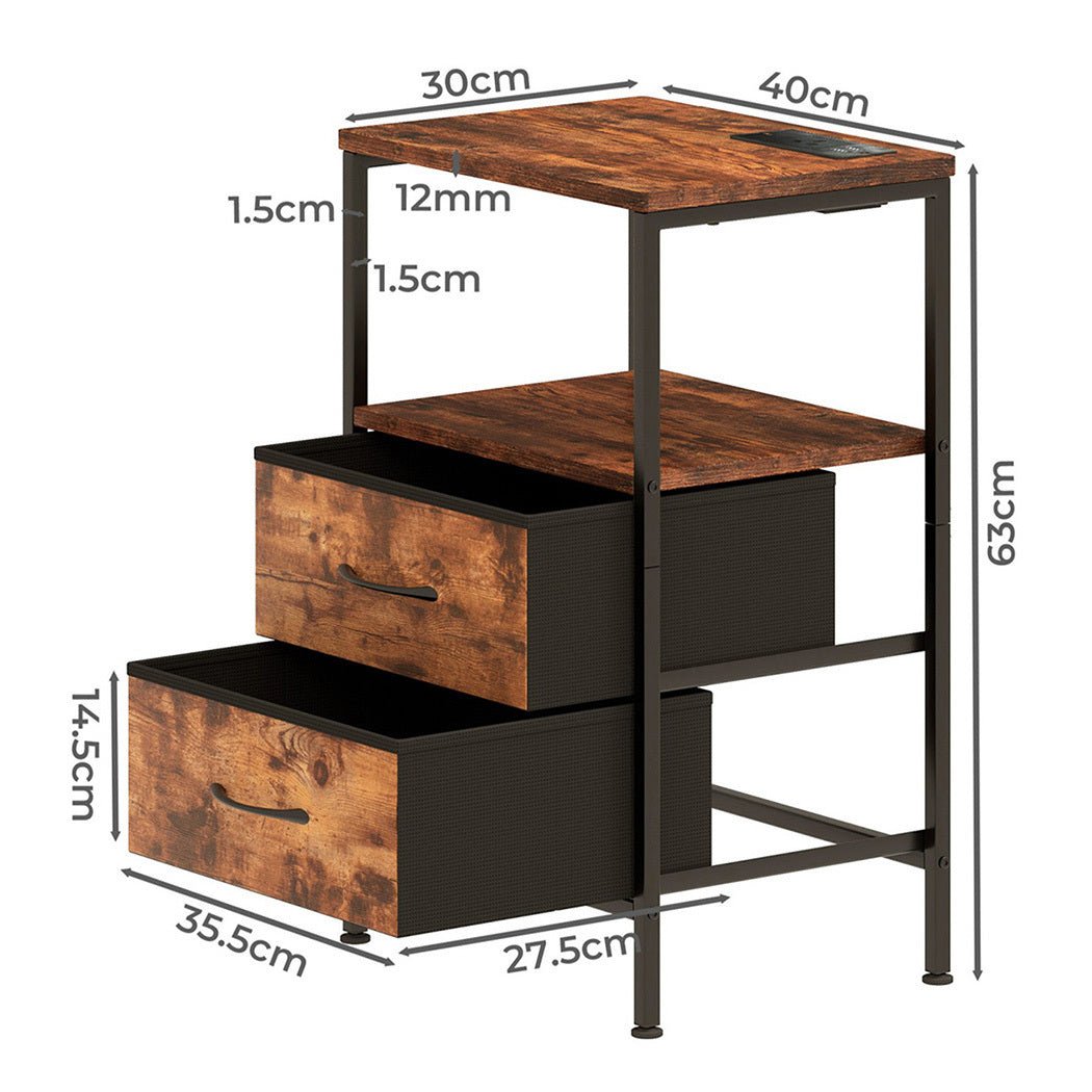 LED Bedside Table with 2 Drawers, USB Ports & Power Outlets - Rustic Brown - Rivercity House & Home Co. (ABN 18 642 972 209) - Affordable Modern Furniture Australia