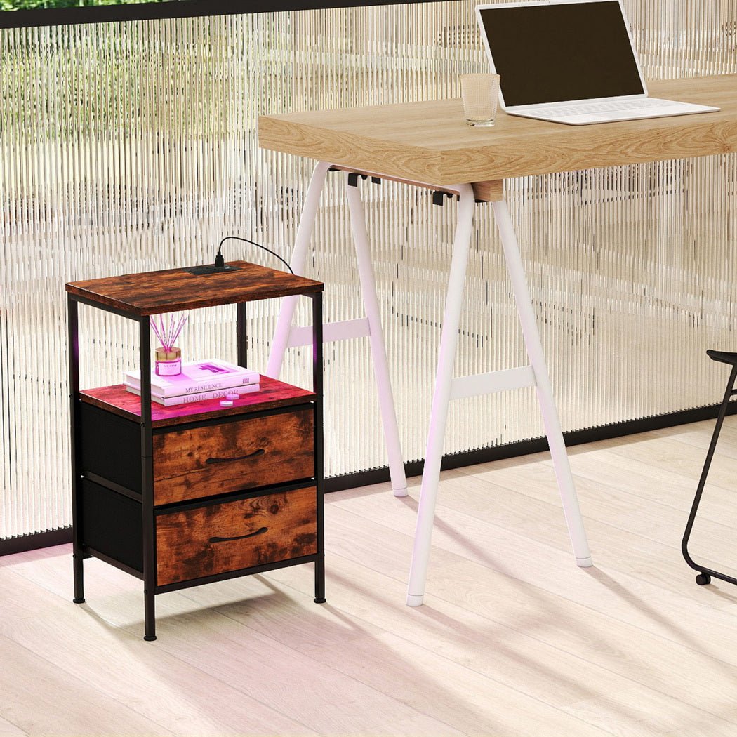 LED Bedside Table with 2 Drawers, USB Ports & Power Outlets - Rustic Brown - Rivercity House & Home Co. (ABN 18 642 972 209) - Affordable Modern Furniture Australia