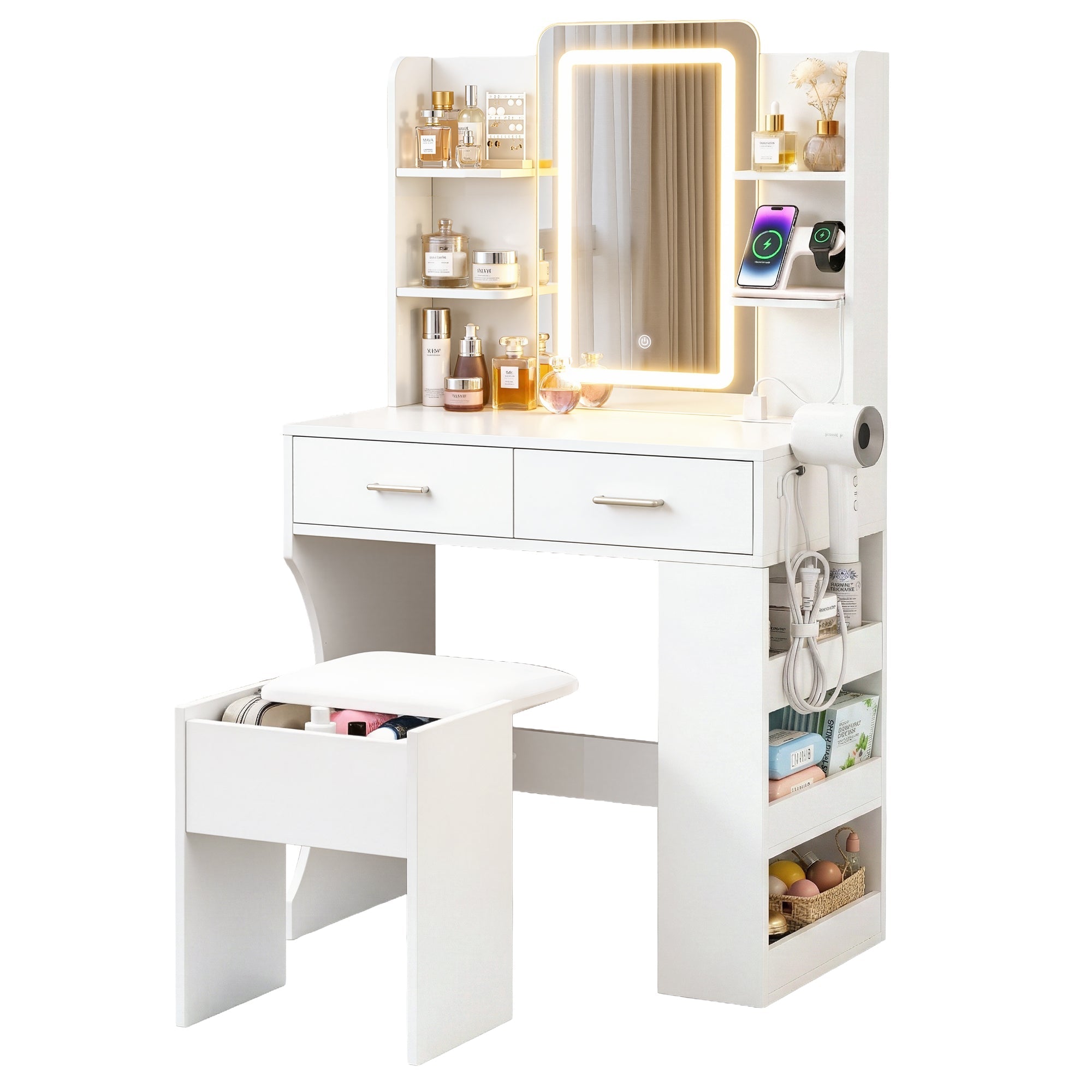 LED Dressing Table Vanity Desk Set with Stool and Charging Station - White - Furniture > Bedroom > Dressing Vanity & Dressing Tables - Rivercity House & Home Co. (ABN 18 642 972 209) - Affordable Modern Furniture Australia