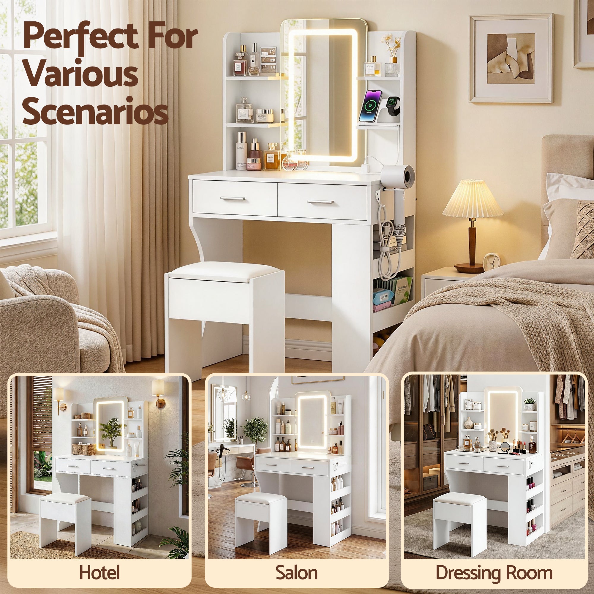 LED Dressing Table Vanity Desk Set with Stool and Charging Station - White - Furniture > Bedroom > Dressing Vanity & Dressing Tables - Rivercity House & Home Co. (ABN 18 642 972 209) - Affordable Modern Furniture Australia