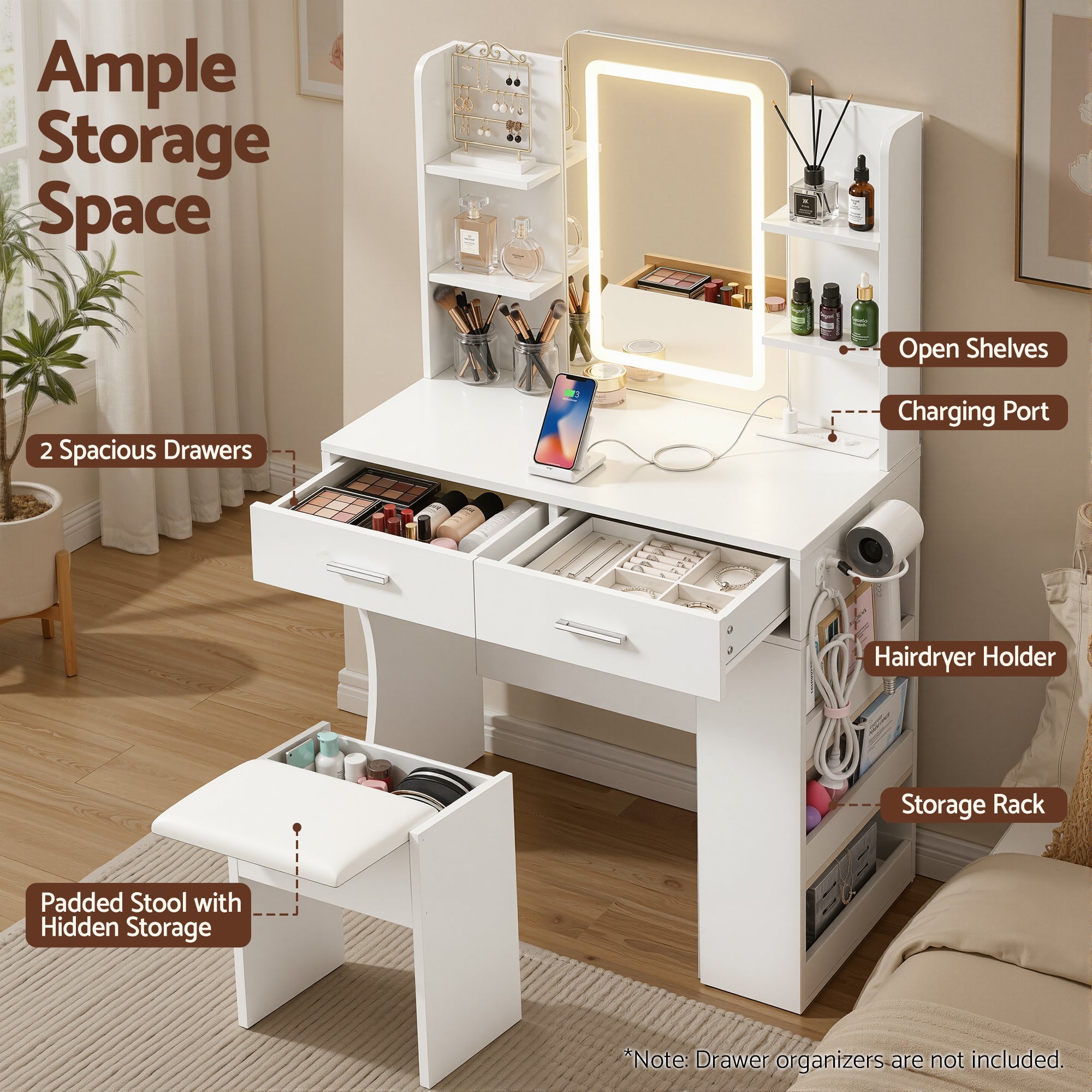 LED Dressing Table Vanity Desk Set with Stool and Charging Station - White - Furniture > Bedroom > Dressing Vanity & Dressing Tables - Rivercity House & Home Co. (ABN 18 642 972 209) - Affordable Modern Furniture Australia