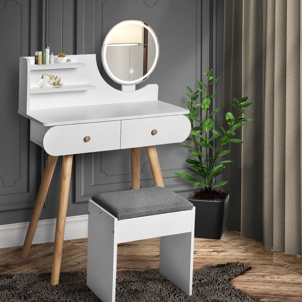 LED Dressing Table with 3 - Color Dimming Mirror and Stool - White - Rivercity House & Home Co. (ABN 18 642 972 209) - Affordable Modern Furniture Australia