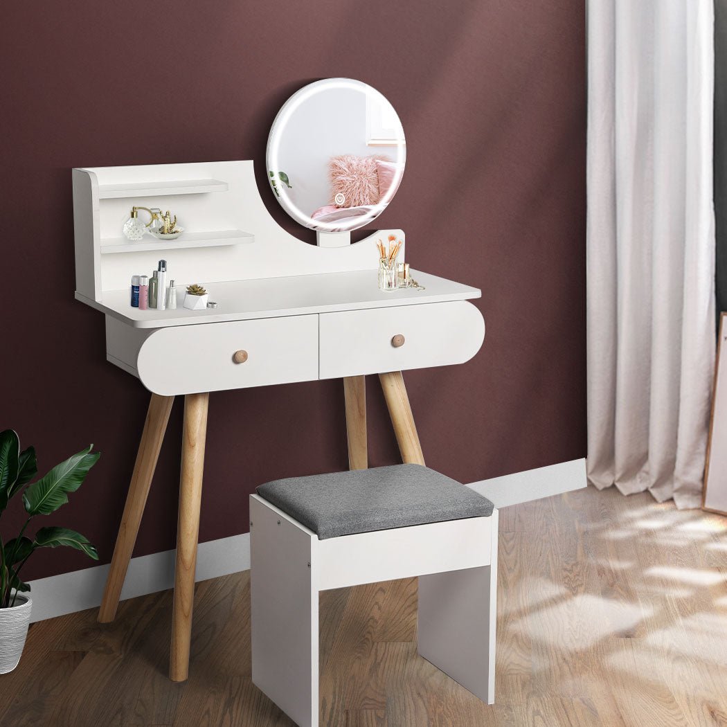 LED Dressing Table with 3 - Color Dimming Mirror and Stool - White - Rivercity House & Home Co. (ABN 18 642 972 209) - Affordable Modern Furniture Australia
