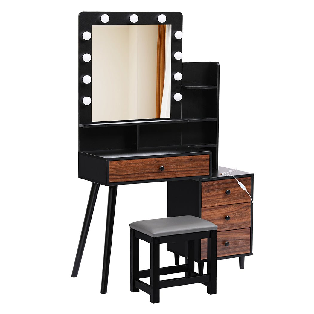 LED Dressing Table with Stool and 11 Bulb Vanity Mirror USB Powered - Black and Brown - Rivercity House & Home Co. (ABN 18 642 972 209) - Affordable Modern Furniture Australia