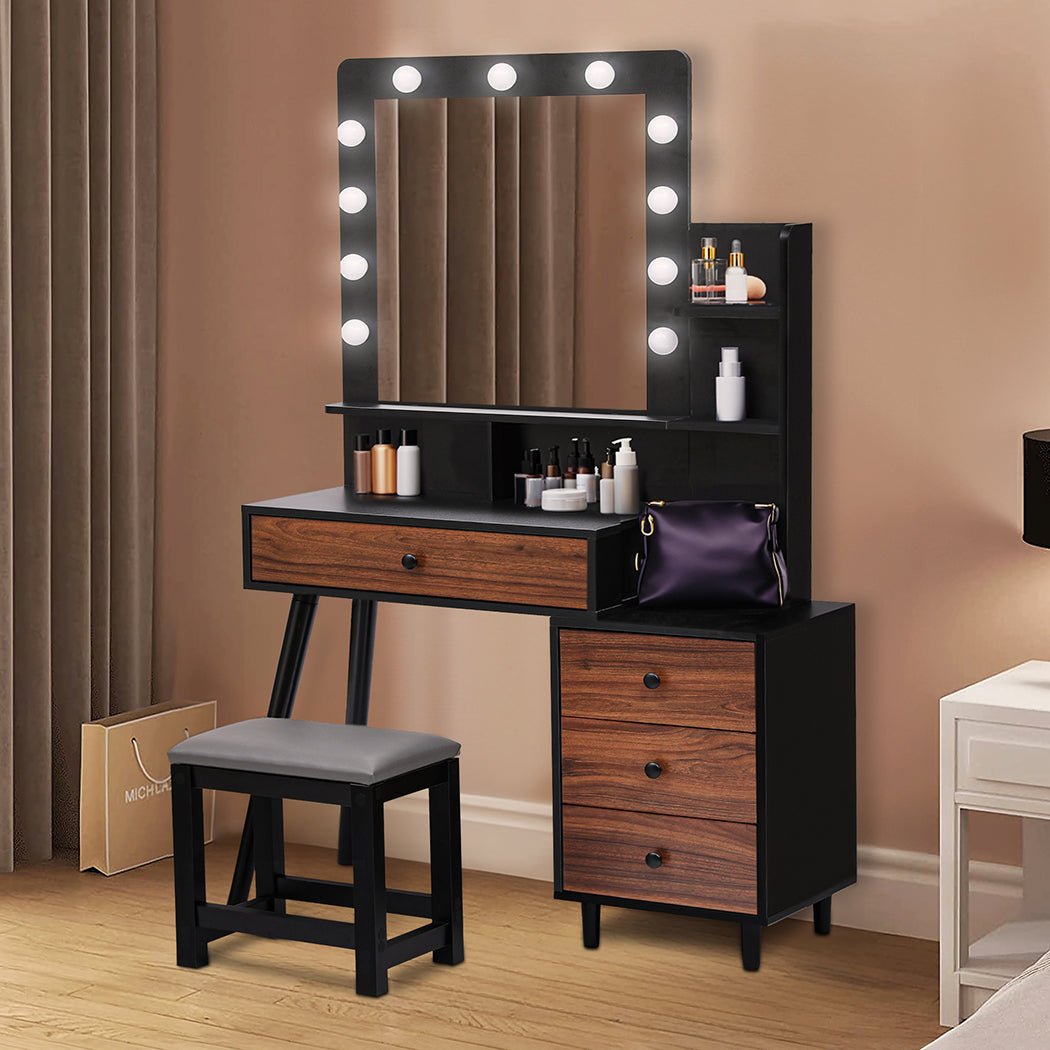 LED Dressing Table with Stool and 11 Bulb Vanity Mirror USB Powered - Black and Brown - Rivercity House & Home Co. (ABN 18 642 972 209) - Affordable Modern Furniture Australia