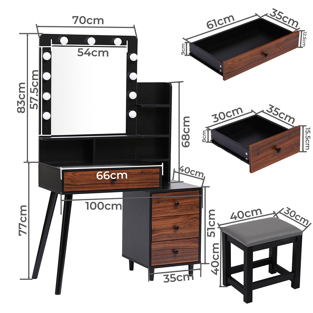 LED Dressing Table with Stool and 11 Bulb Vanity Mirror USB Powered - Black and Brown - Rivercity House & Home Co. (ABN 18 642 972 209) - Affordable Modern Furniture Australia