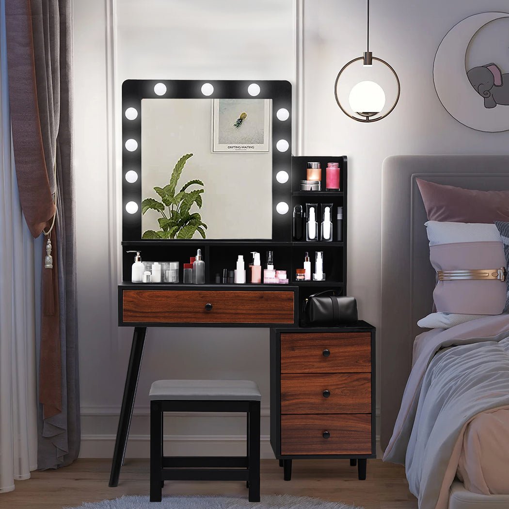 LED Dressing Table with Stool and 11 Bulb Vanity Mirror USB Powered - Black and Brown - Rivercity House & Home Co. (ABN 18 642 972 209) - Affordable Modern Furniture Australia