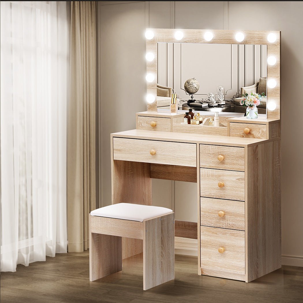 LED Dressing Table with Stool and Storage Drawers - Oak - Rivercity House & Home Co. (ABN 18 642 972 209) - Affordable Modern Furniture Australia